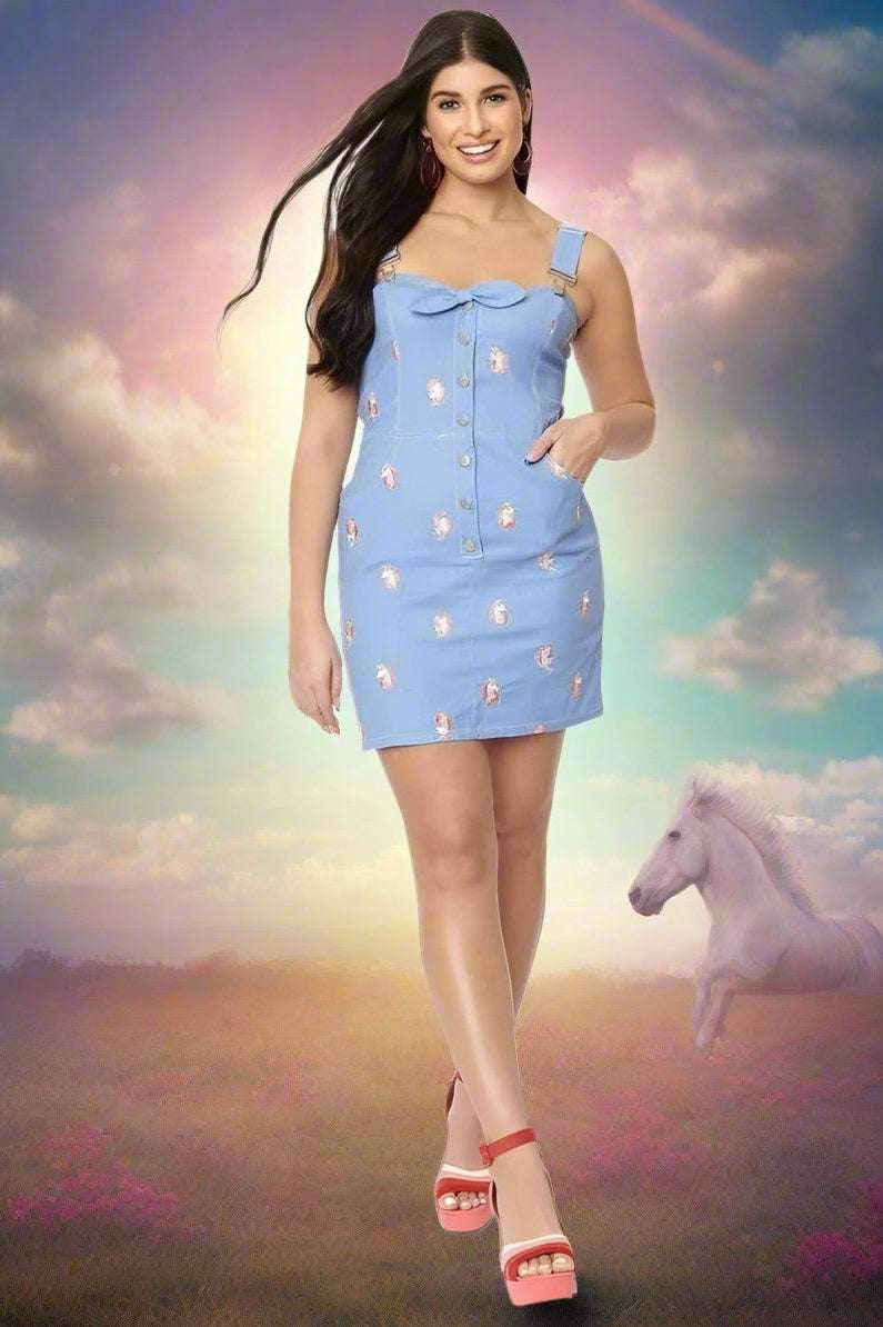Shop Unique Vintage Unique Vintage Periwinkle Denim & Unicorn Fitted Pinafore Dress for women – premium loungewear and festival fashion at Spoiled Brat