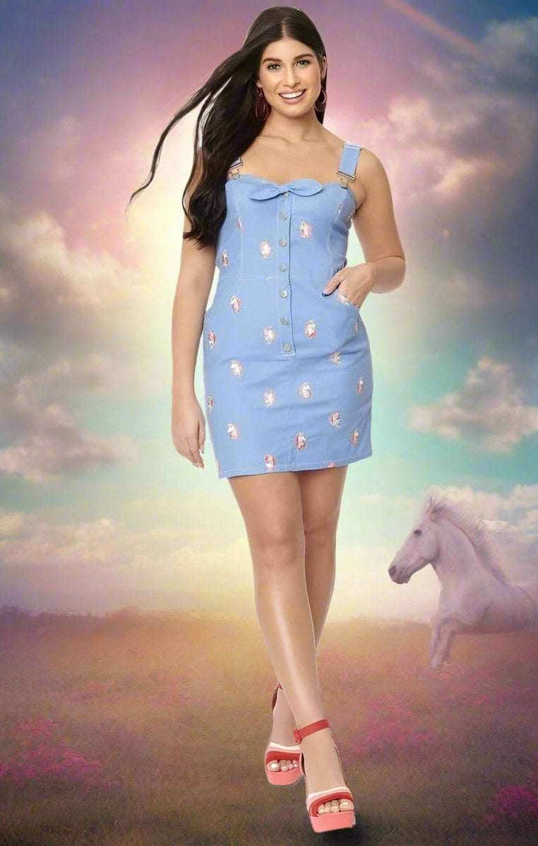Shop Unique Vintage Unique Vintage Periwinkle Denim & Unicorn Fitted Pinafore Dress for women – premium loungewear and festival fashion at Spoiled Brat