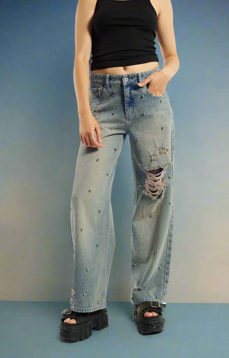 The Ragged Priest Dirty Wash Distressed Release Stud Jeans Boyfriend Jeans by The Ragged Priest as seen on celebrities