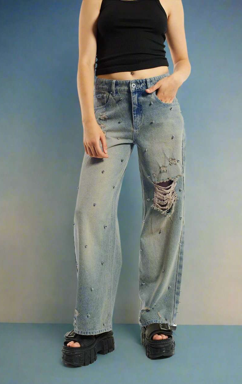The Ragged Priest Dirty Wash Distressed Release Stud Jeans Boyfriend Jeans by The Ragged Priest as seen on celebrities