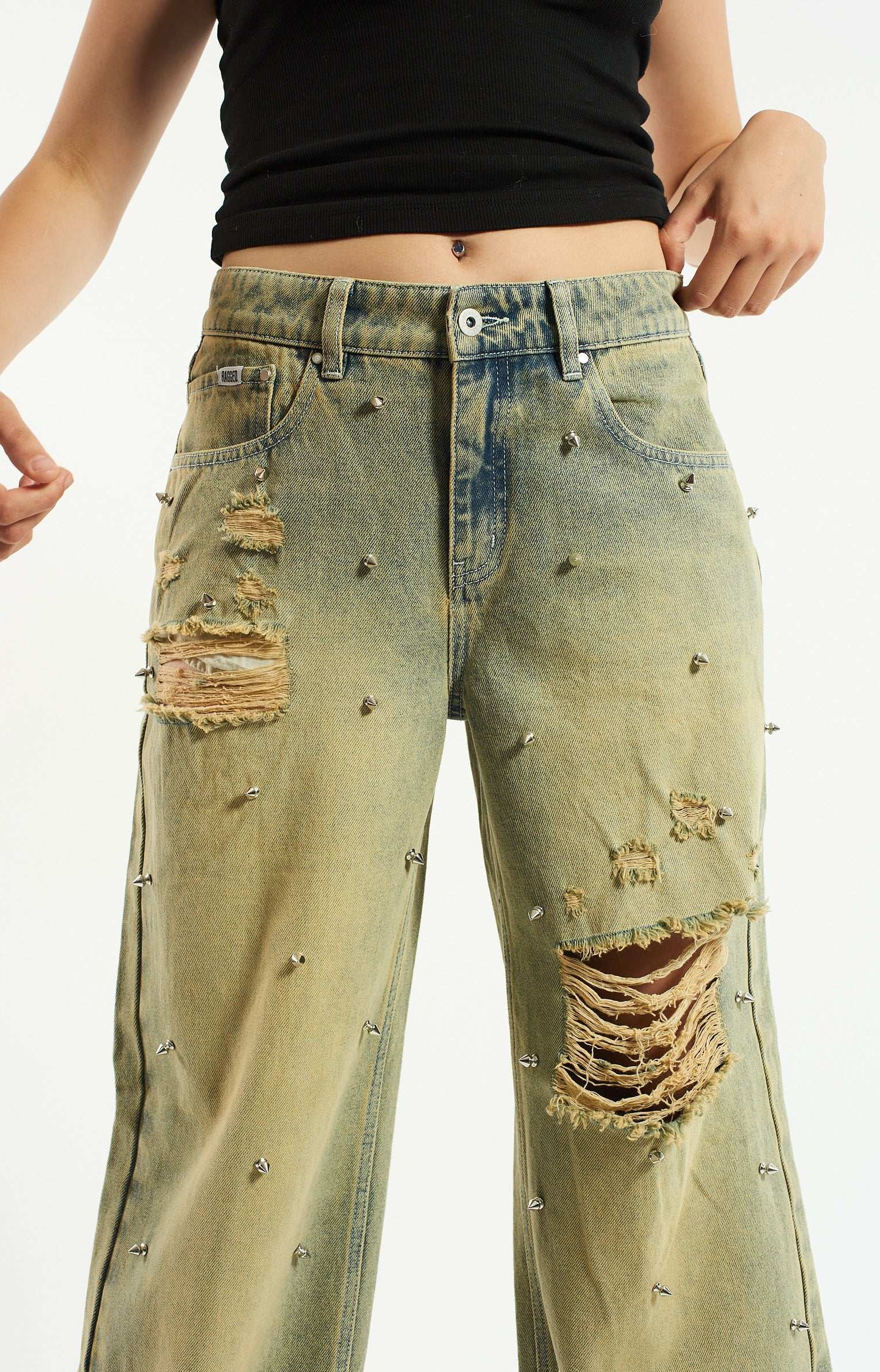 The Ragged Priest Dirty Wash Distressed Release Stud Jeans Boyfriend Jeans by The Ragged Priest as seen on celebrities