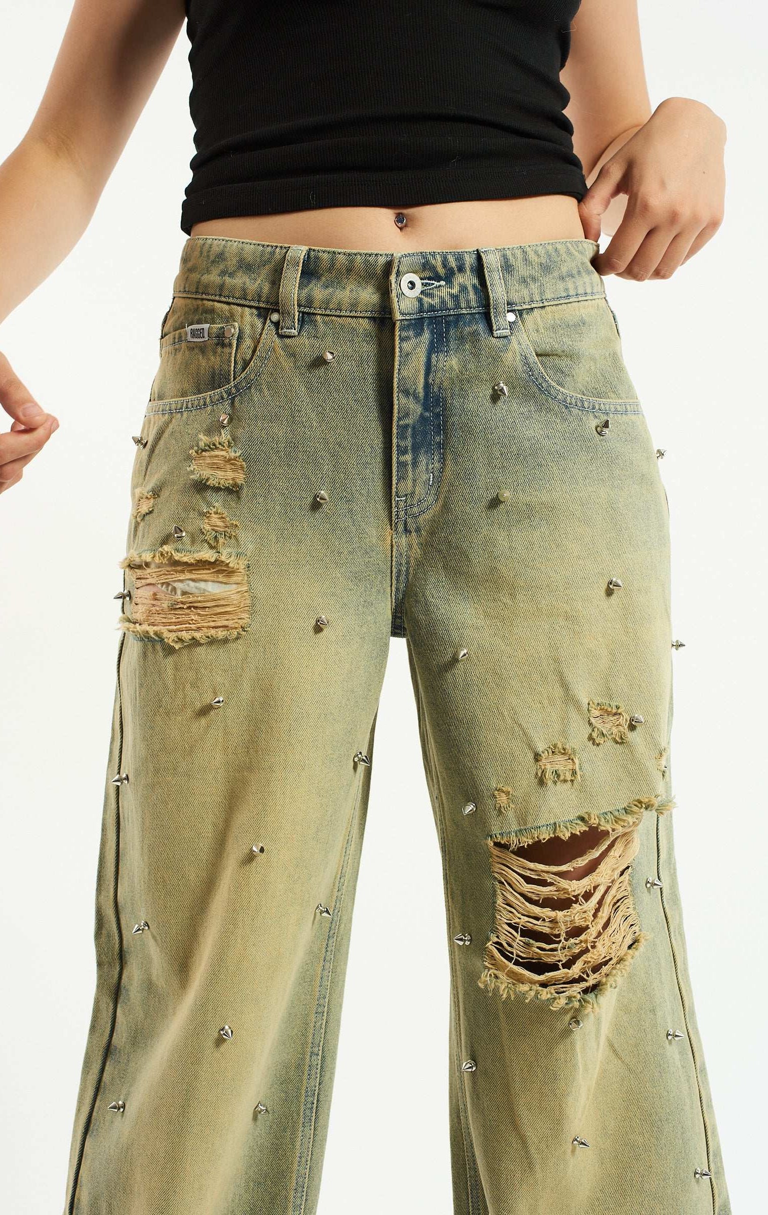 The Ragged Priest Dirty Wash Distressed Release Stud Jeans Boyfriend Jeans by The Ragged Priest as seen on celebrities