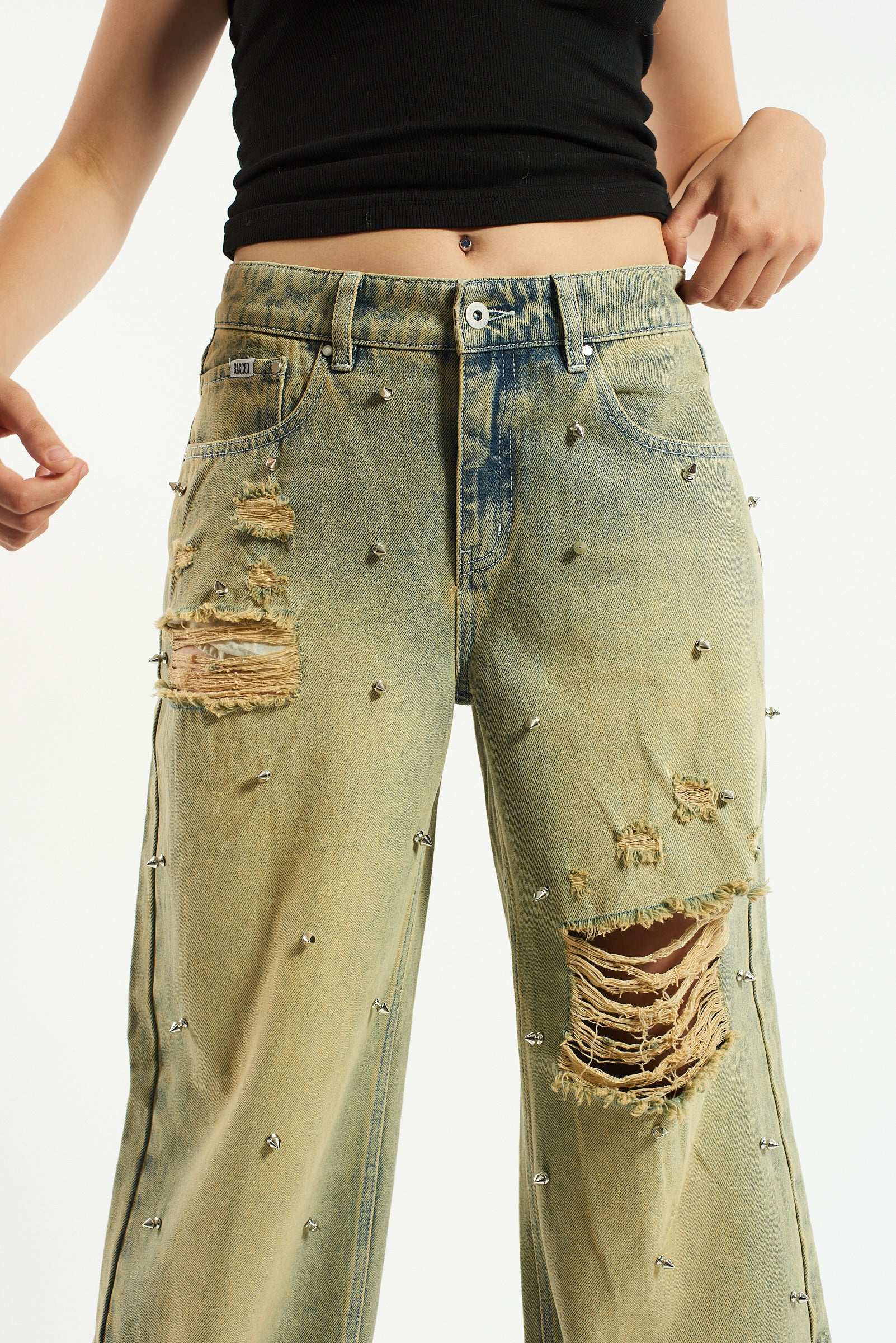 The Ragged Priest Dirty Wash Distressed Release Stud Jeans Boyfriend Jeans by The Ragged Priest as seen on celebrities