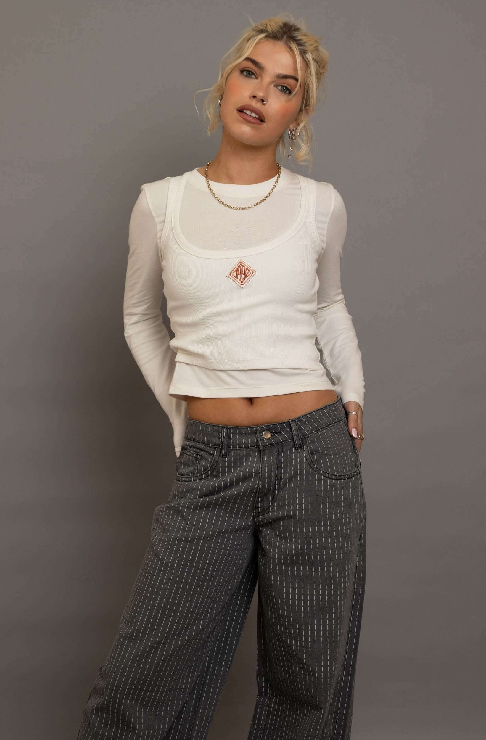 Daisy Street Double Layered Top with Embroidery Long Sleeved Top by Daisy Street as seen on celebrities