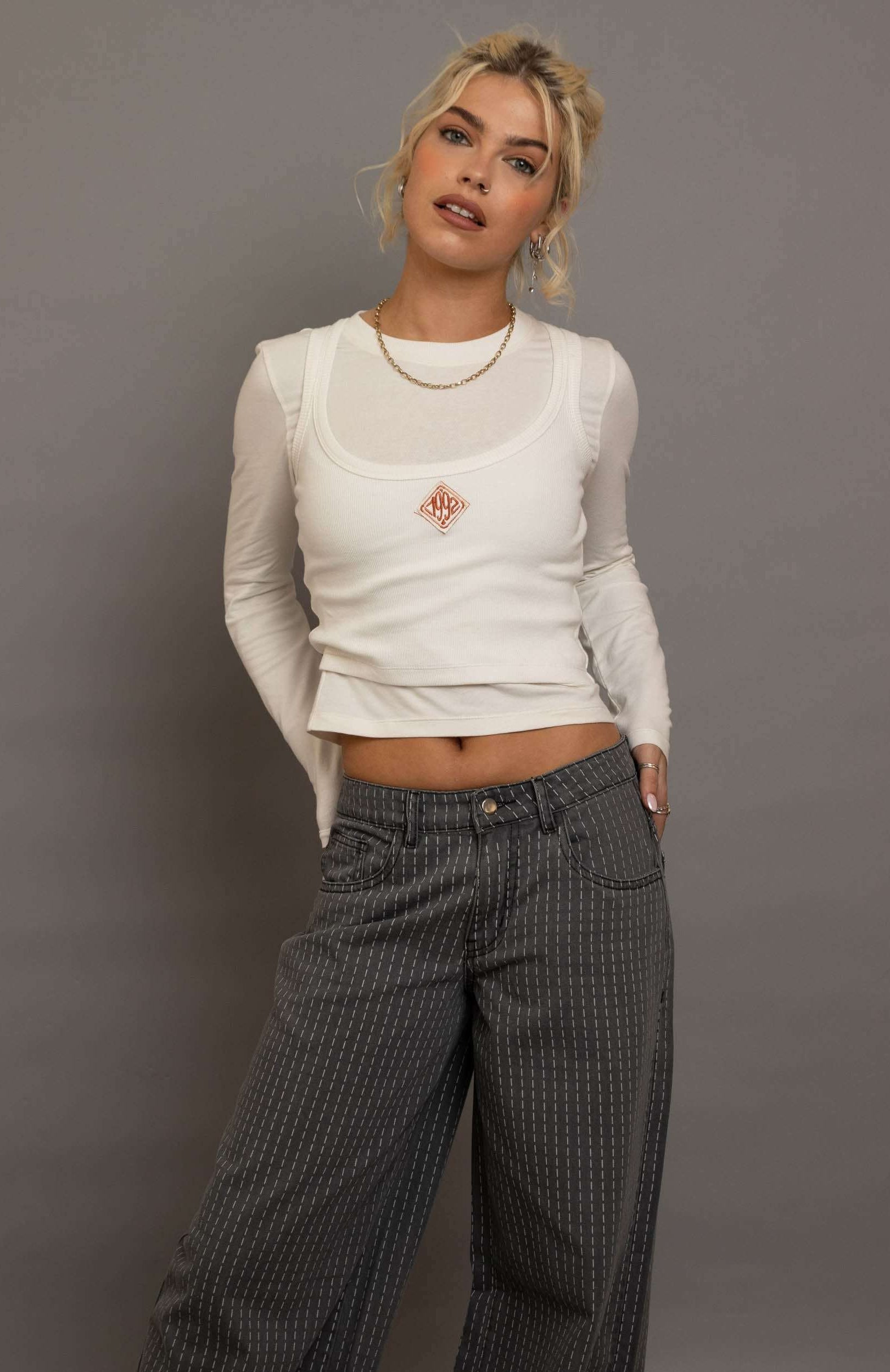 Daisy Street Double Layered Top with Embroidery Long Sleeved Top by Daisy Street as seen on celebrities