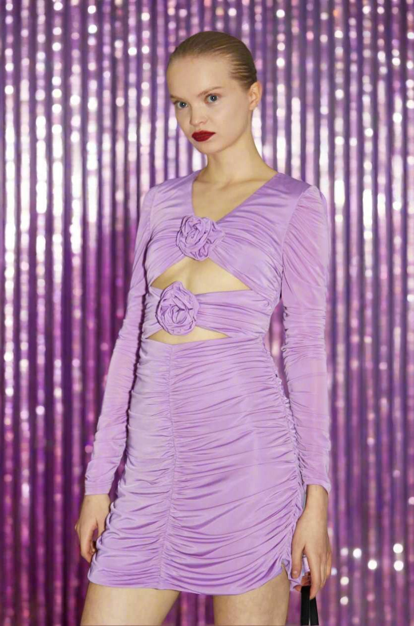 Glamorous Lilac-Orchid Rose-Applique Ruched Mini-Dress Evening Dress by Glamorous as seen on celebrities
