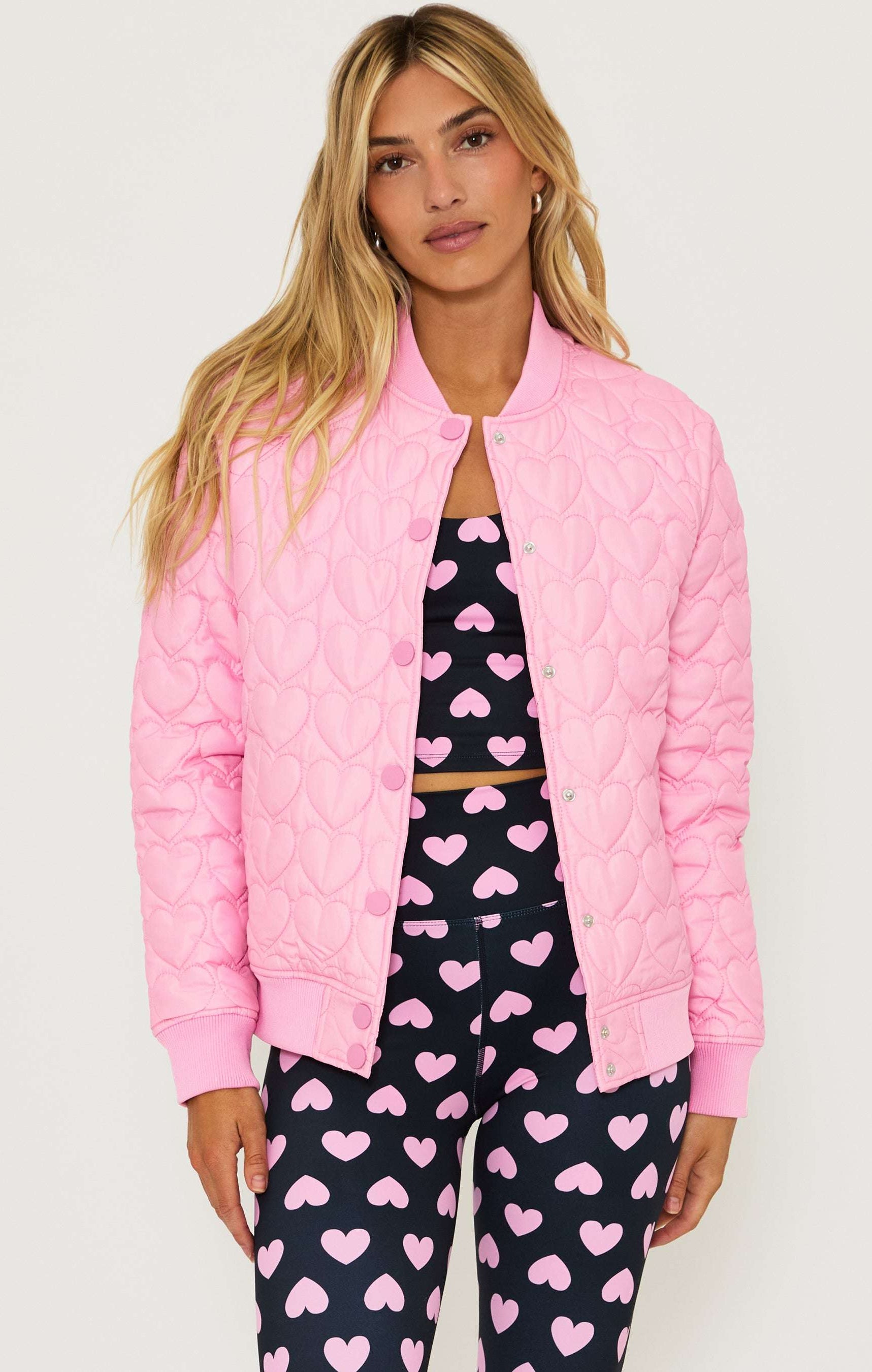 Beach Riot Flight Jacket Prism Pink Heart Jacket by Beach Riot as seen on celebrities