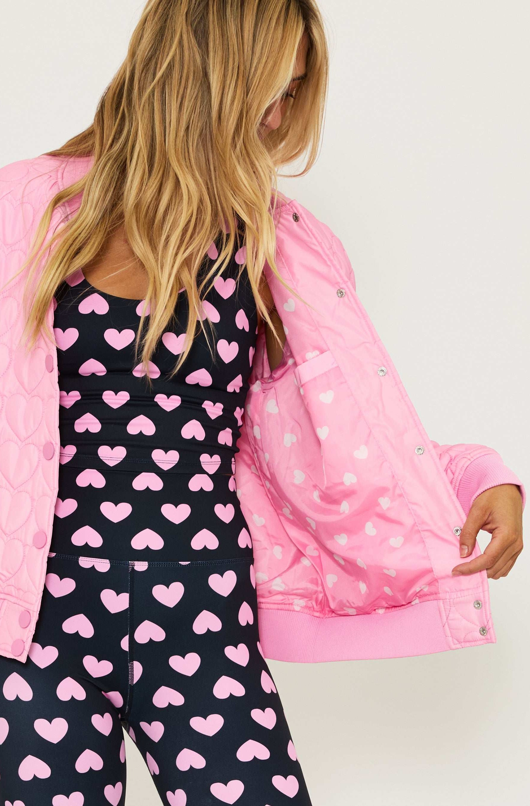 Beach Riot Flight Jacket Prism Pink Heart Jacket by Beach Riot as seen on celebrities