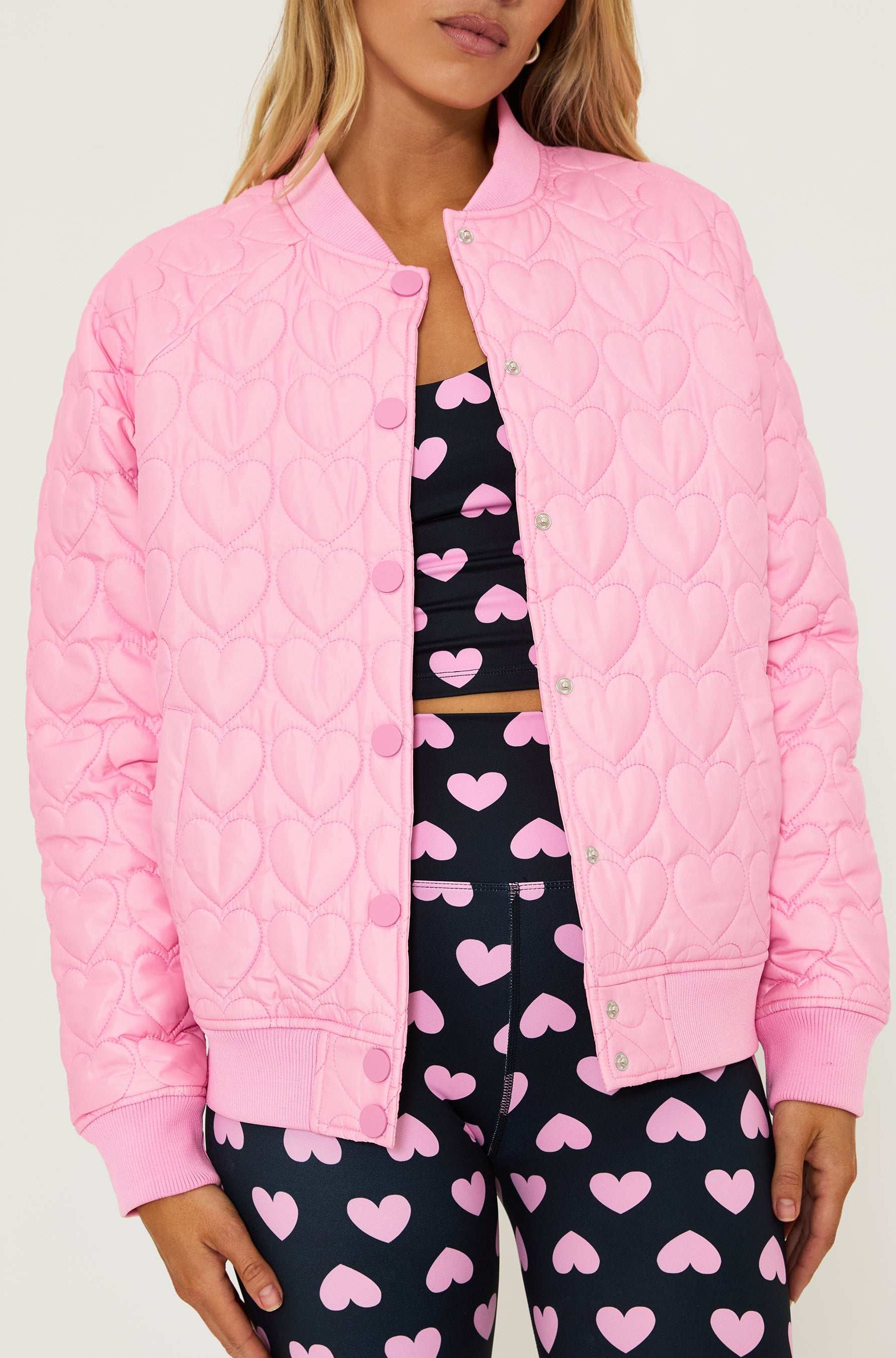 Beach Riot Flight Jacket Prism Pink Heart Jacket by Beach Riot as seen on celebrities