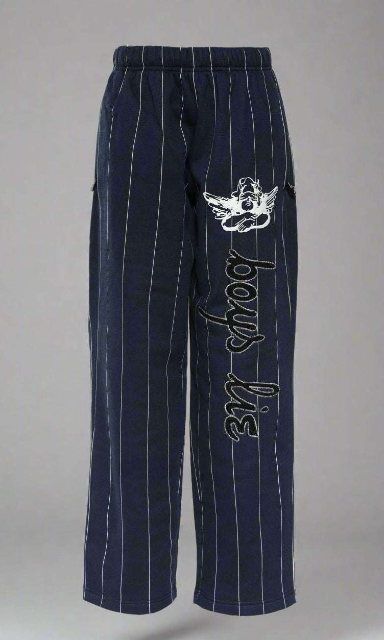 Navy pinstripe pants by Boys Lie with white text and logo on a white background