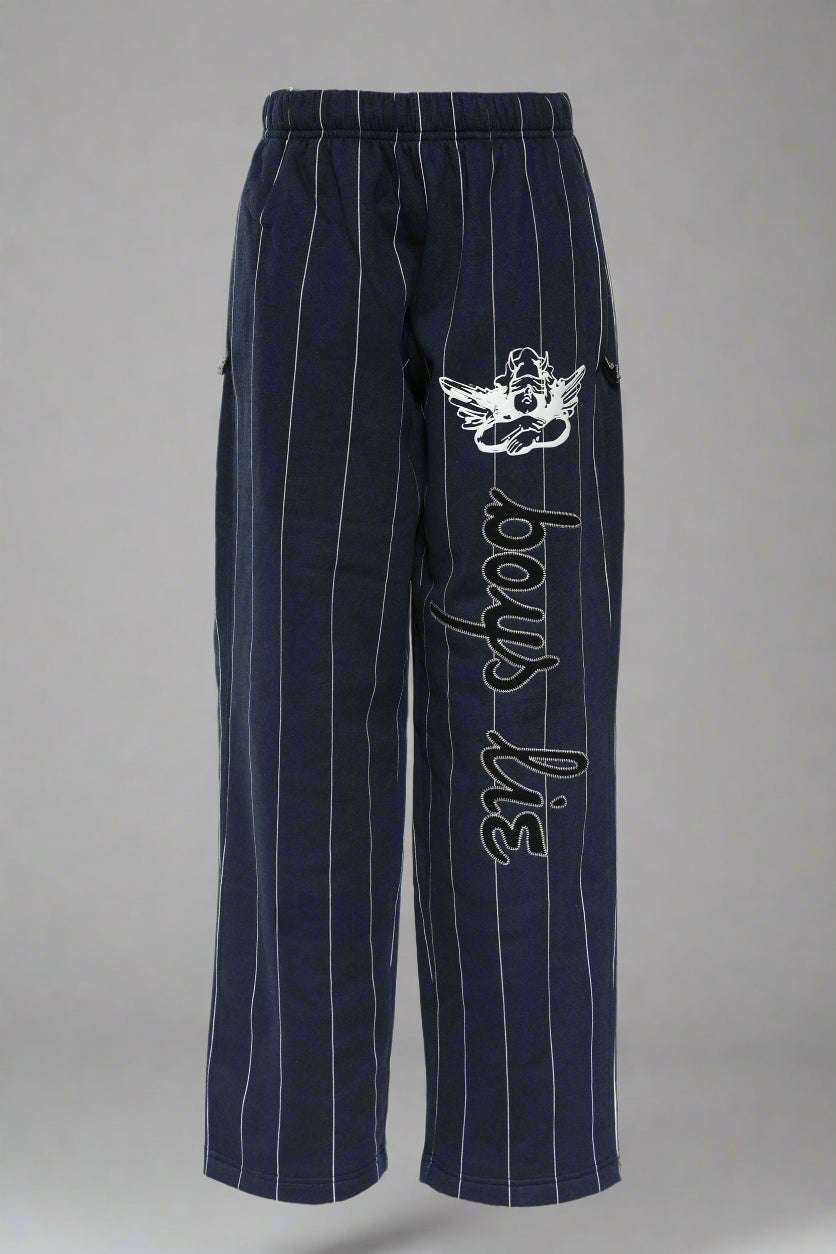 Navy pinstripe pants by Boys Lie with white text and logo on a white background