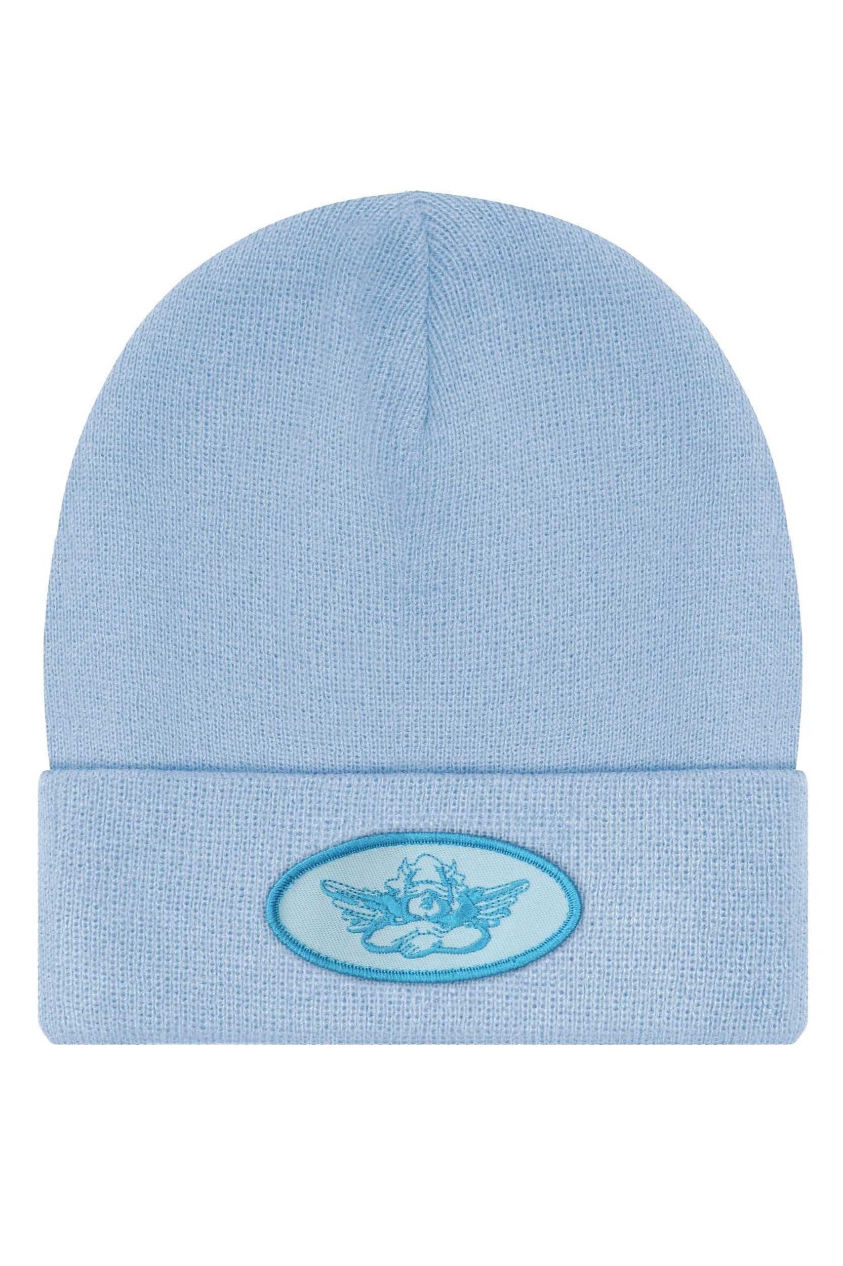 Light blue beanie with a logo on a white background