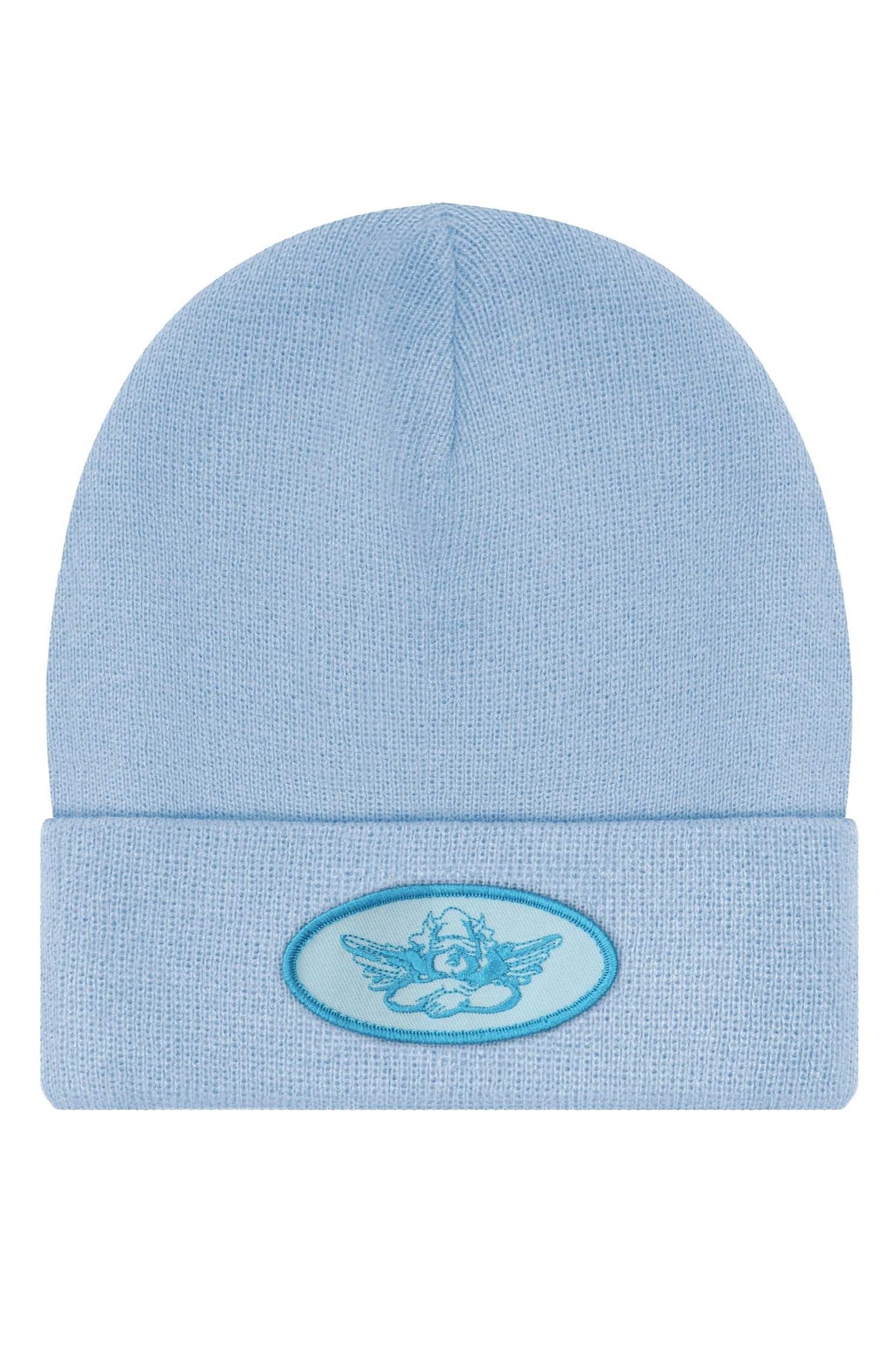 Light blue beanie with a logo on a white background
