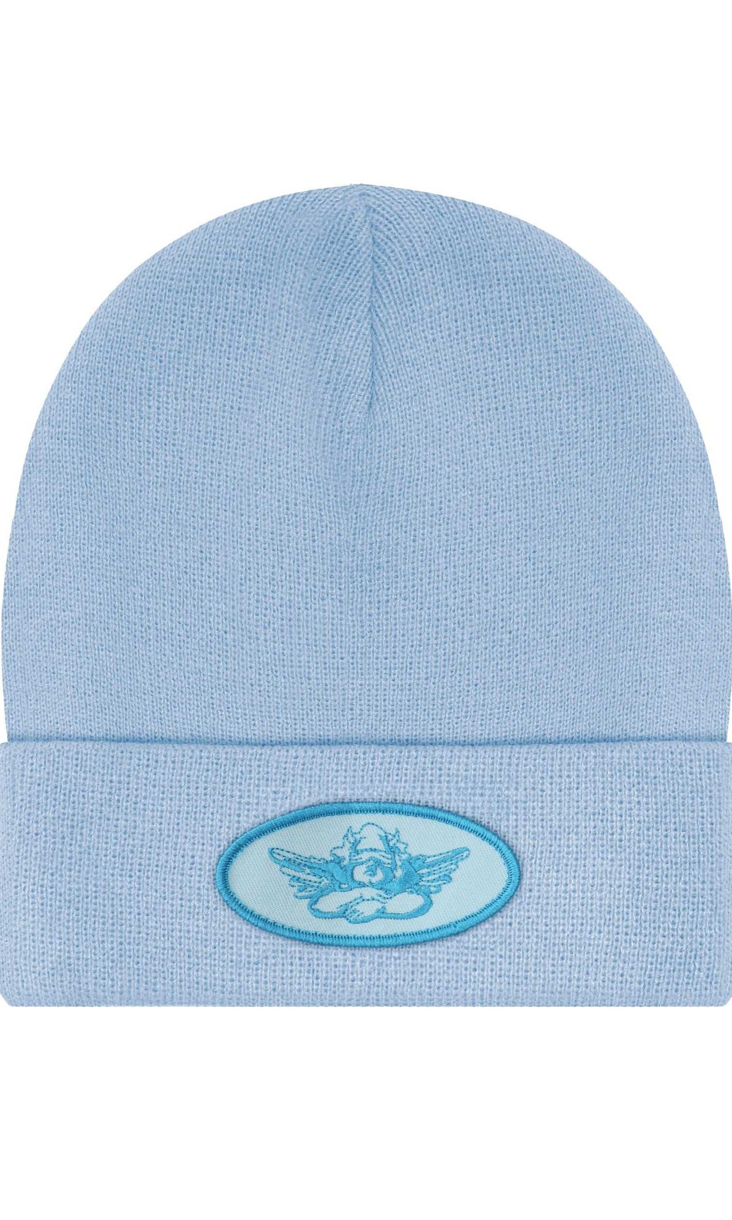 Light blue beanie with a logo on a white background