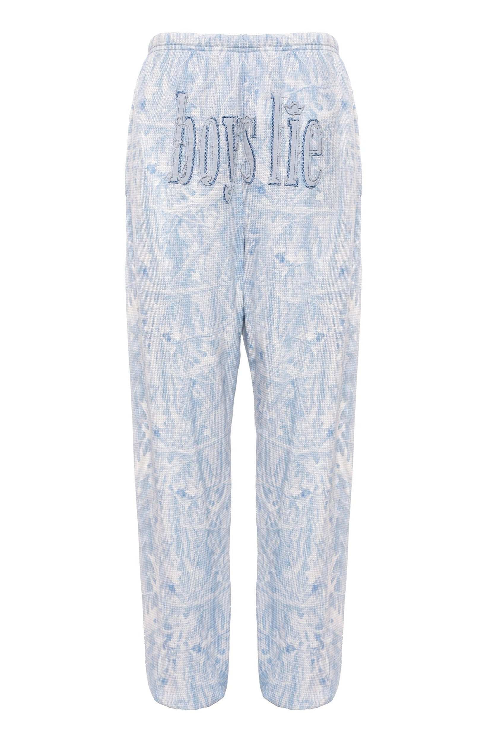 Light blue tie-dye pants with 'Boys Lie' text on a white background