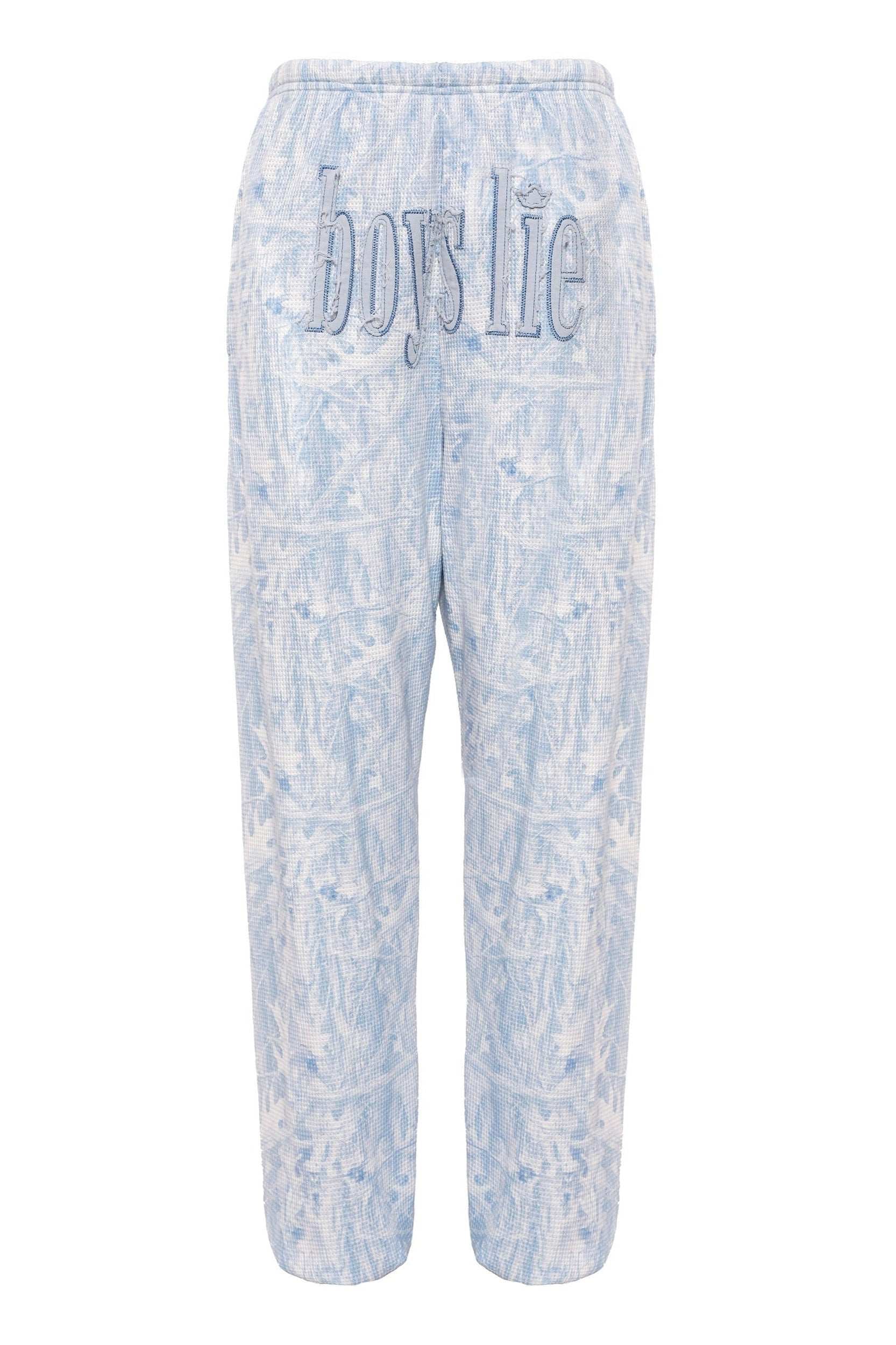 Light blue tie-dye pants with 'Boys Lie' text on a white background