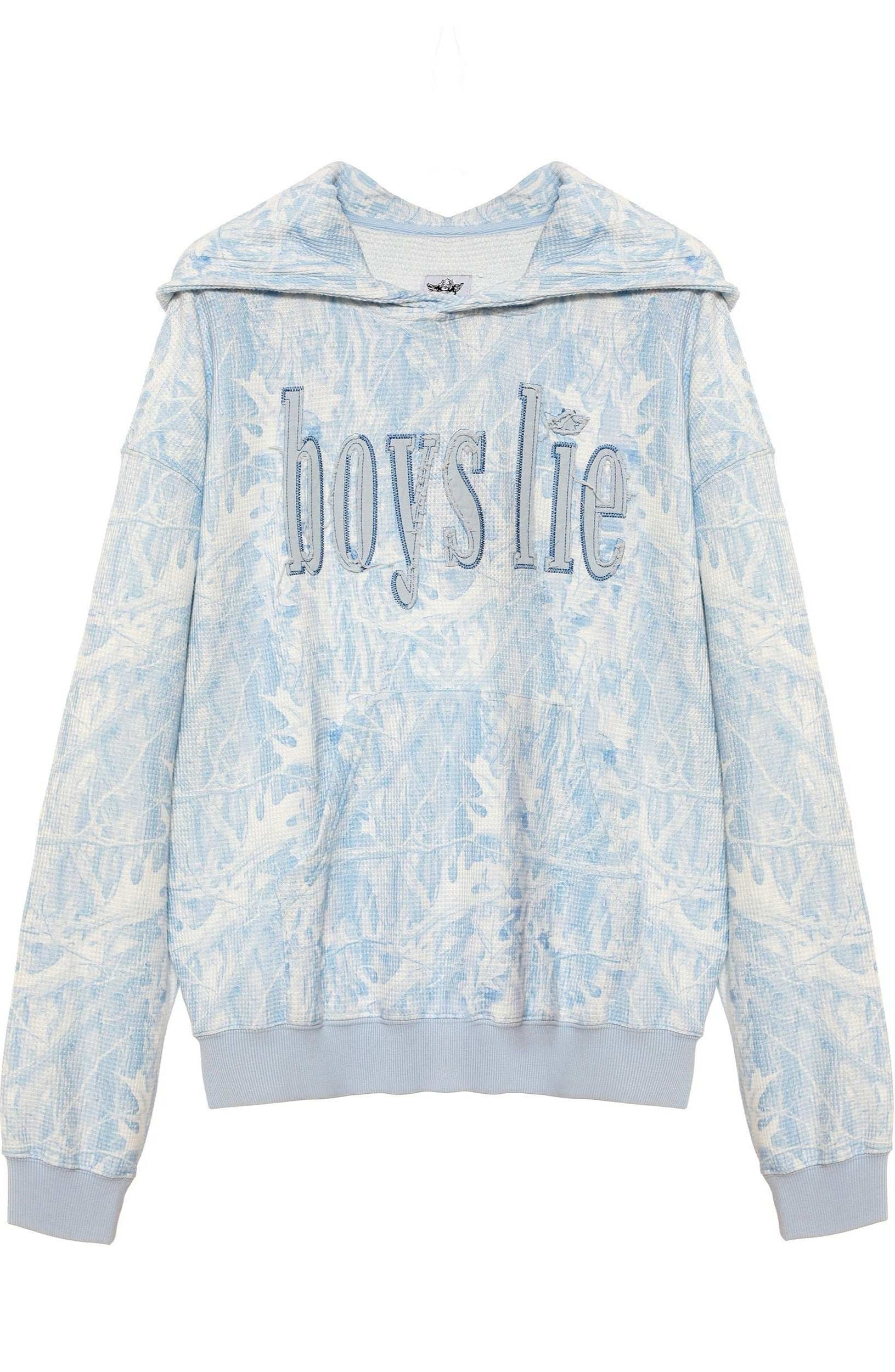 Tie-dye hoodie with 'boys lie' text on a white background