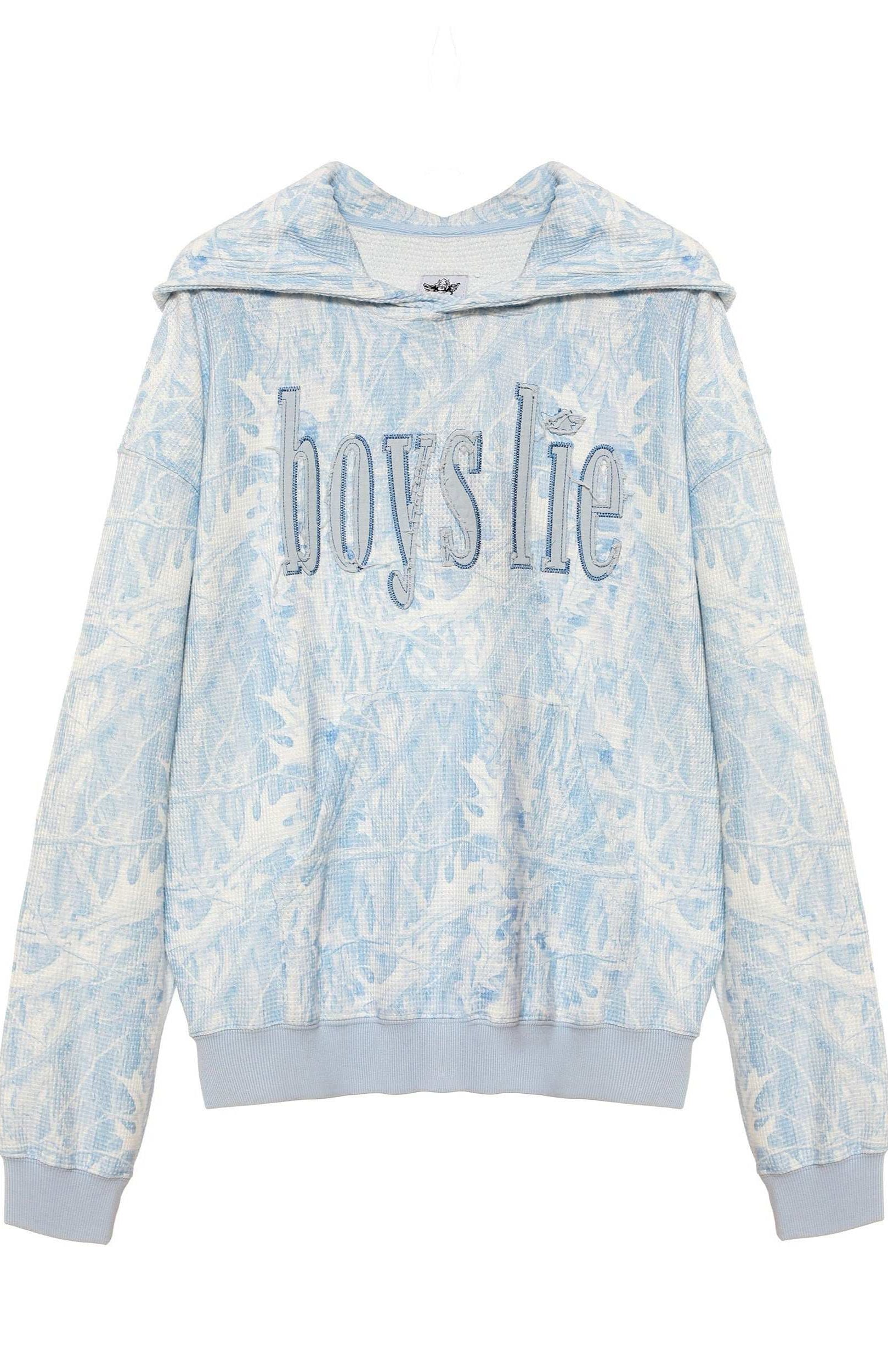 Tie-dye hoodie with 'boys lie' text on a white background