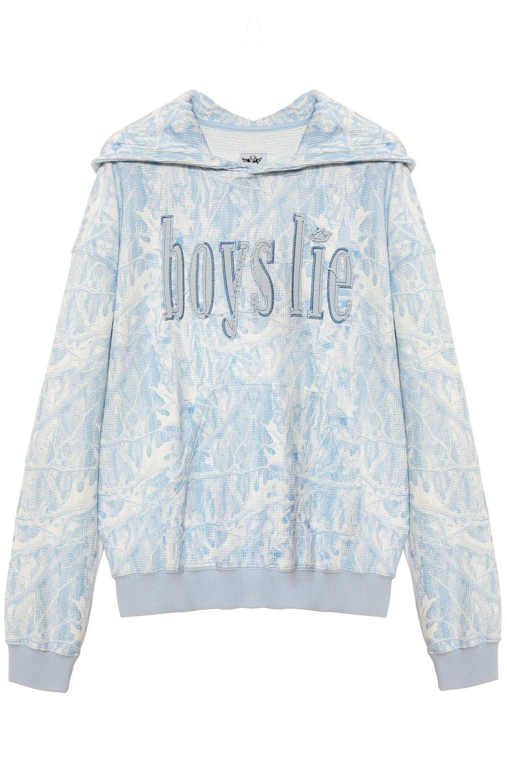 Tie-dye hoodie with 'boys lie' text on a white background