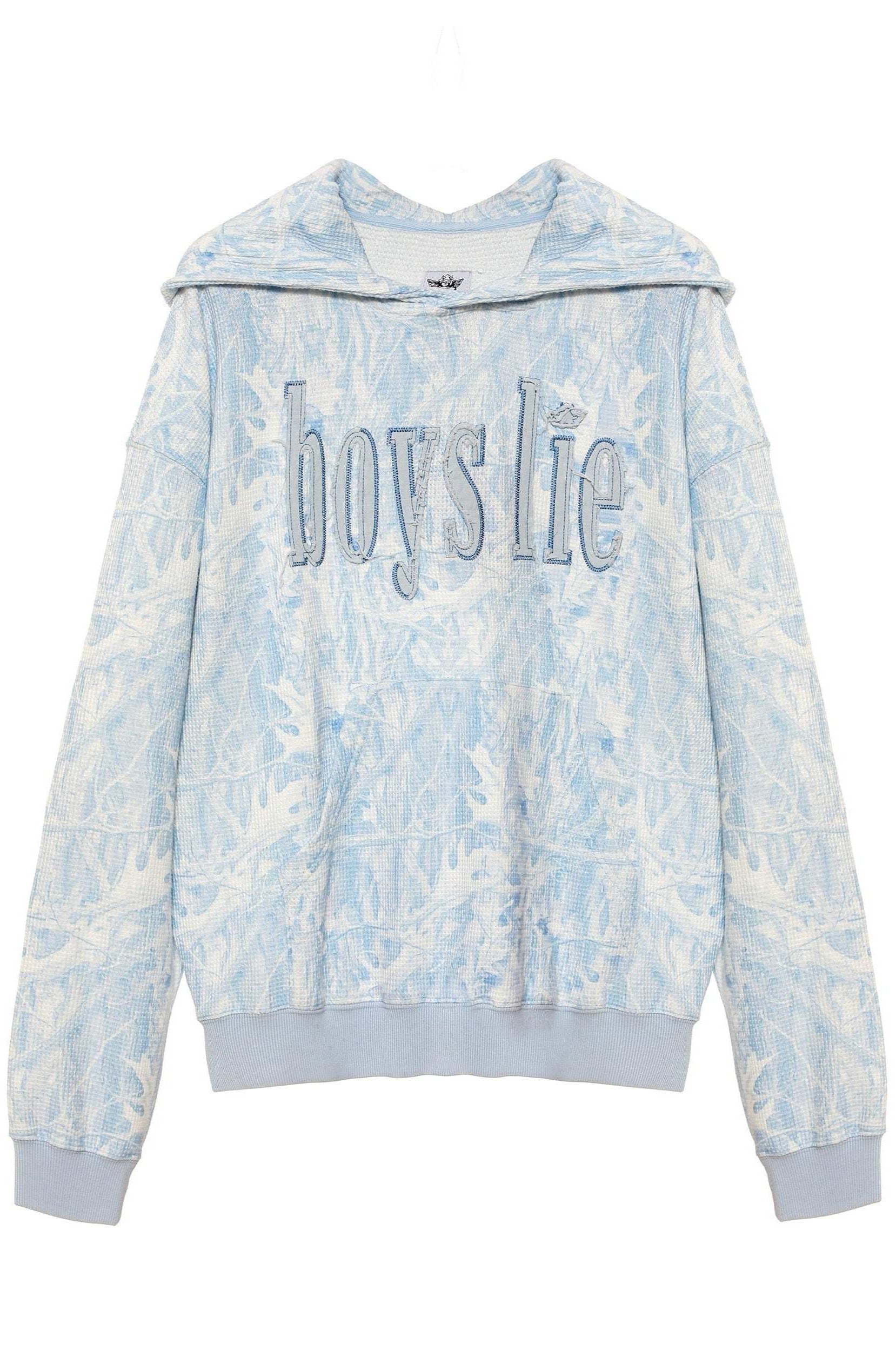 Tie-dye hoodie with 'boys lie' text on a white background