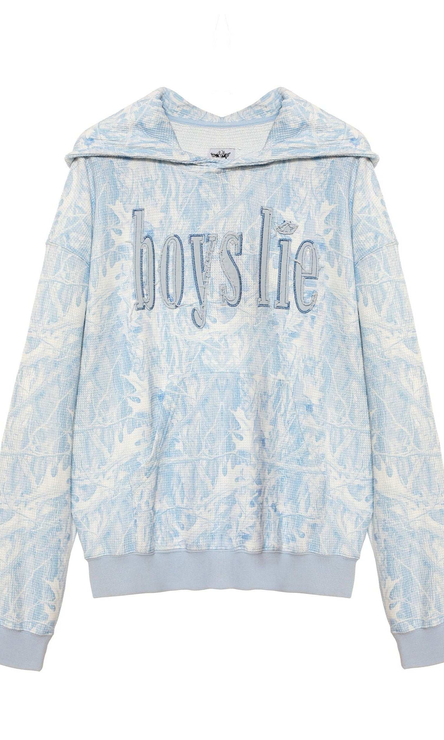 Tie-dye hoodie with 'boys lie' text on a white background