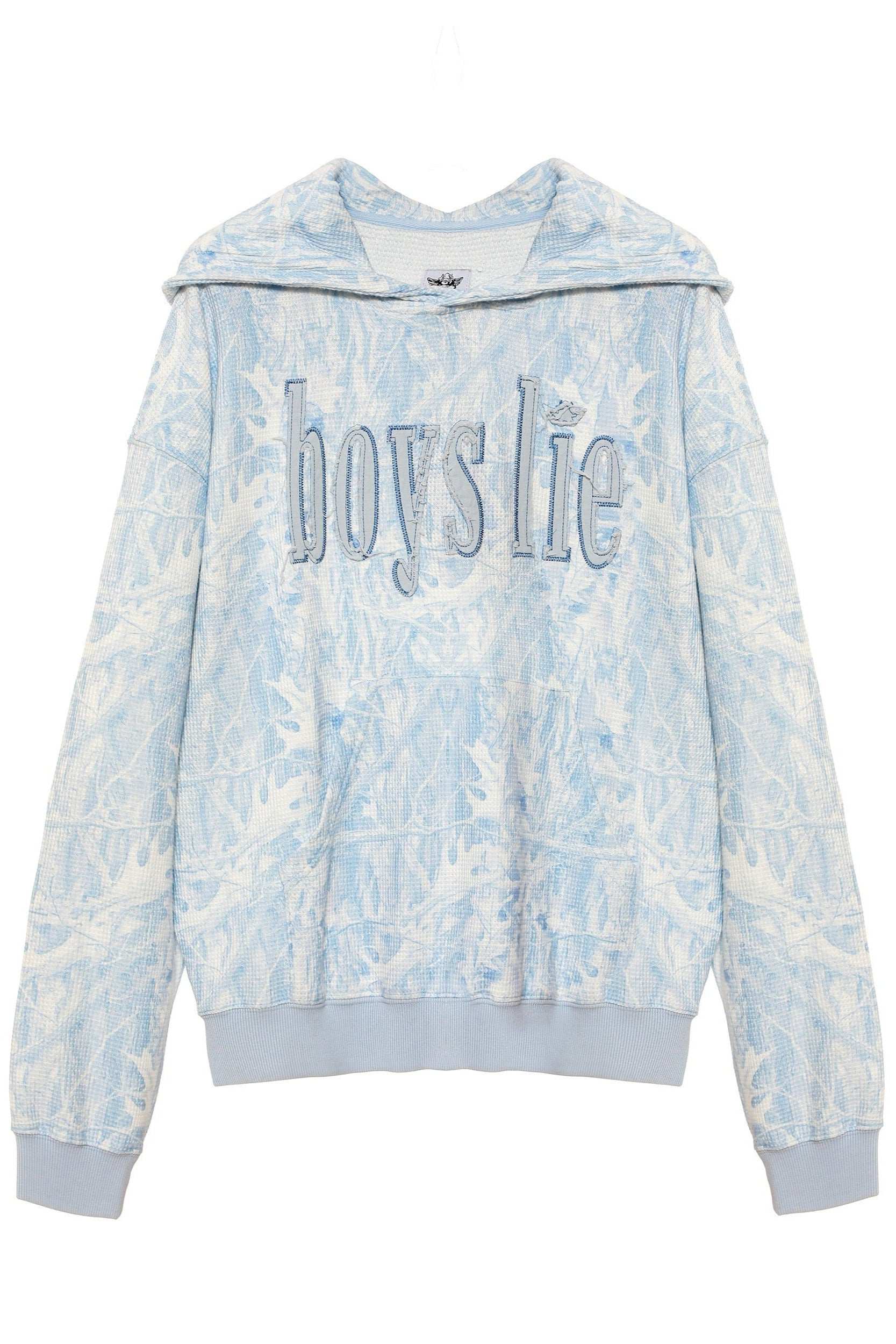 Tie-dye hoodie with 'boys lie' text on a white background