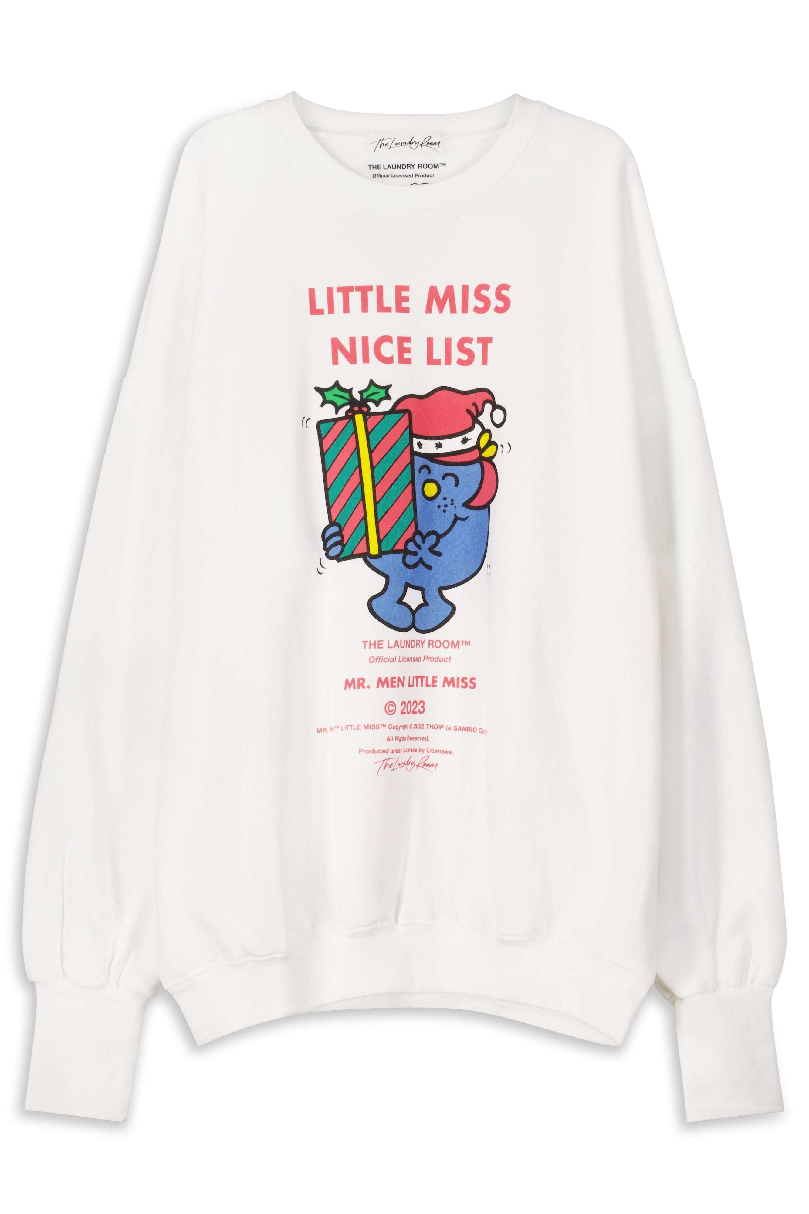 White sweatshirt with a cartoon character and text on a white background