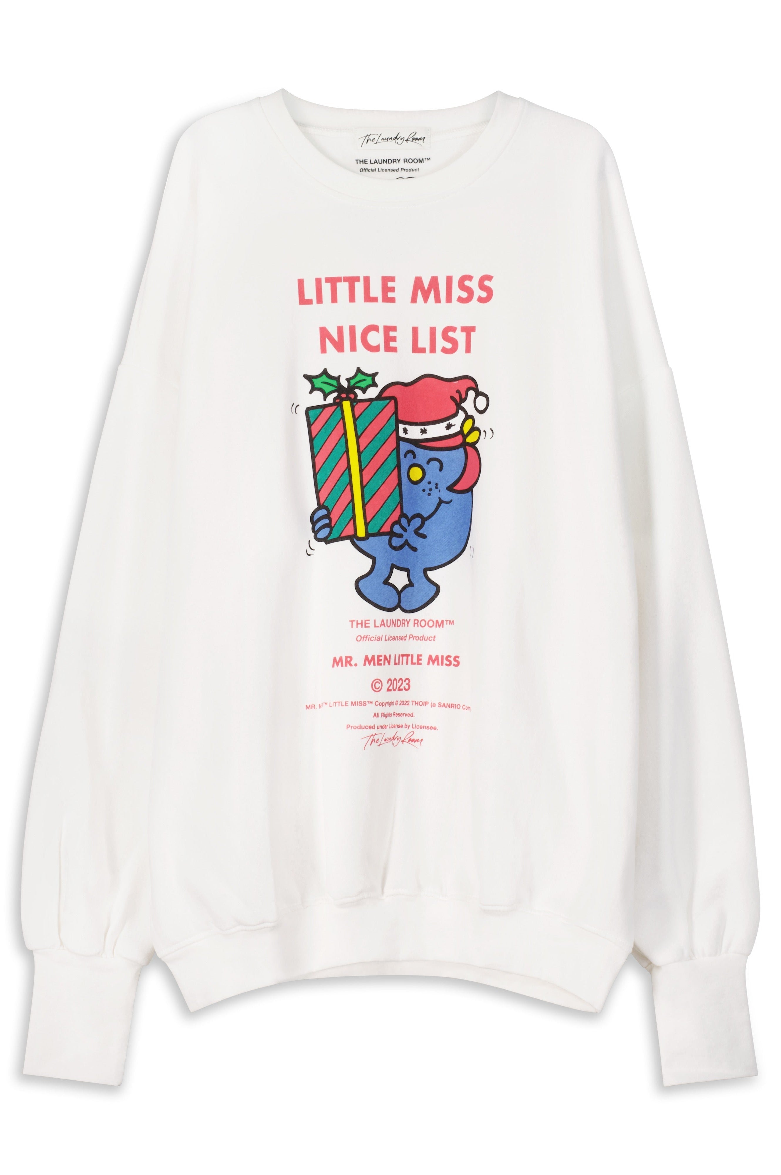 White sweatshirt with a cartoon character and text on a white background