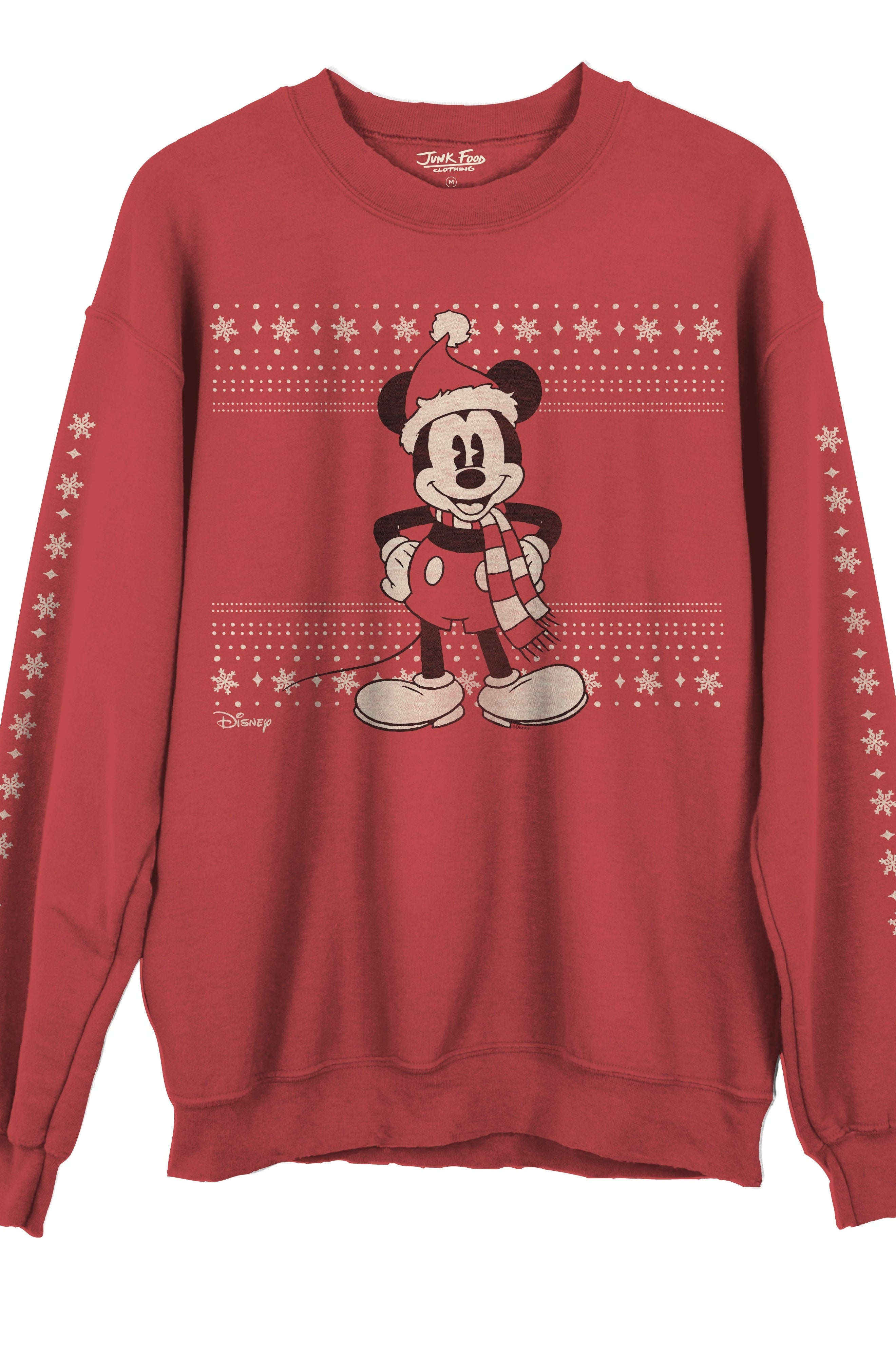 Red sweatshirt with a Christmas-themed design featuring a character on a white background