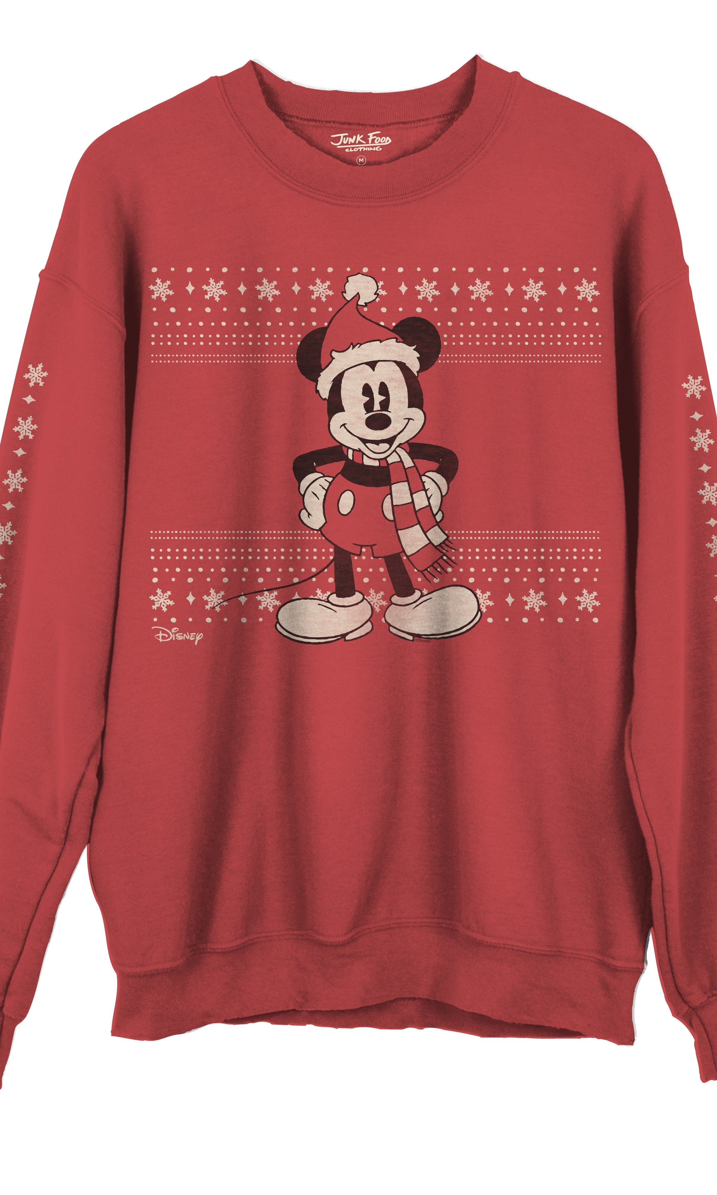Red sweatshirt with a Christmas-themed design featuring a character on a white background
