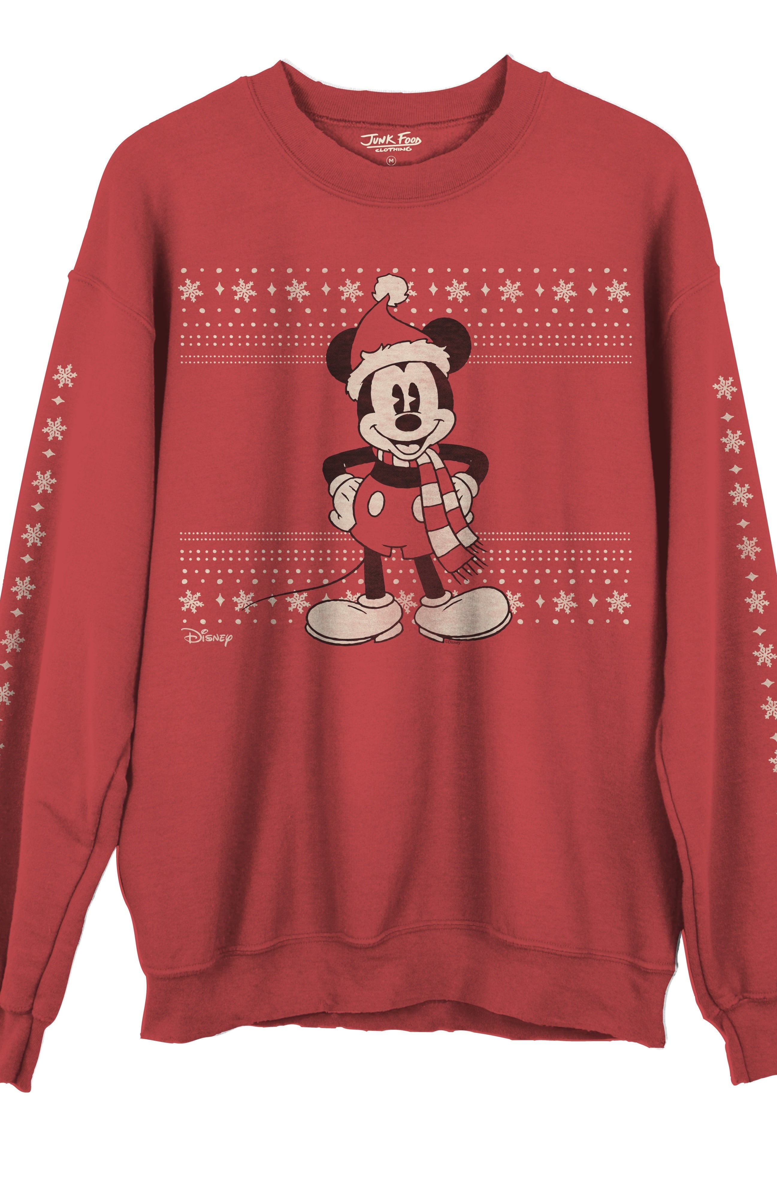 Red sweatshirt with a Christmas-themed design featuring a character on a white background