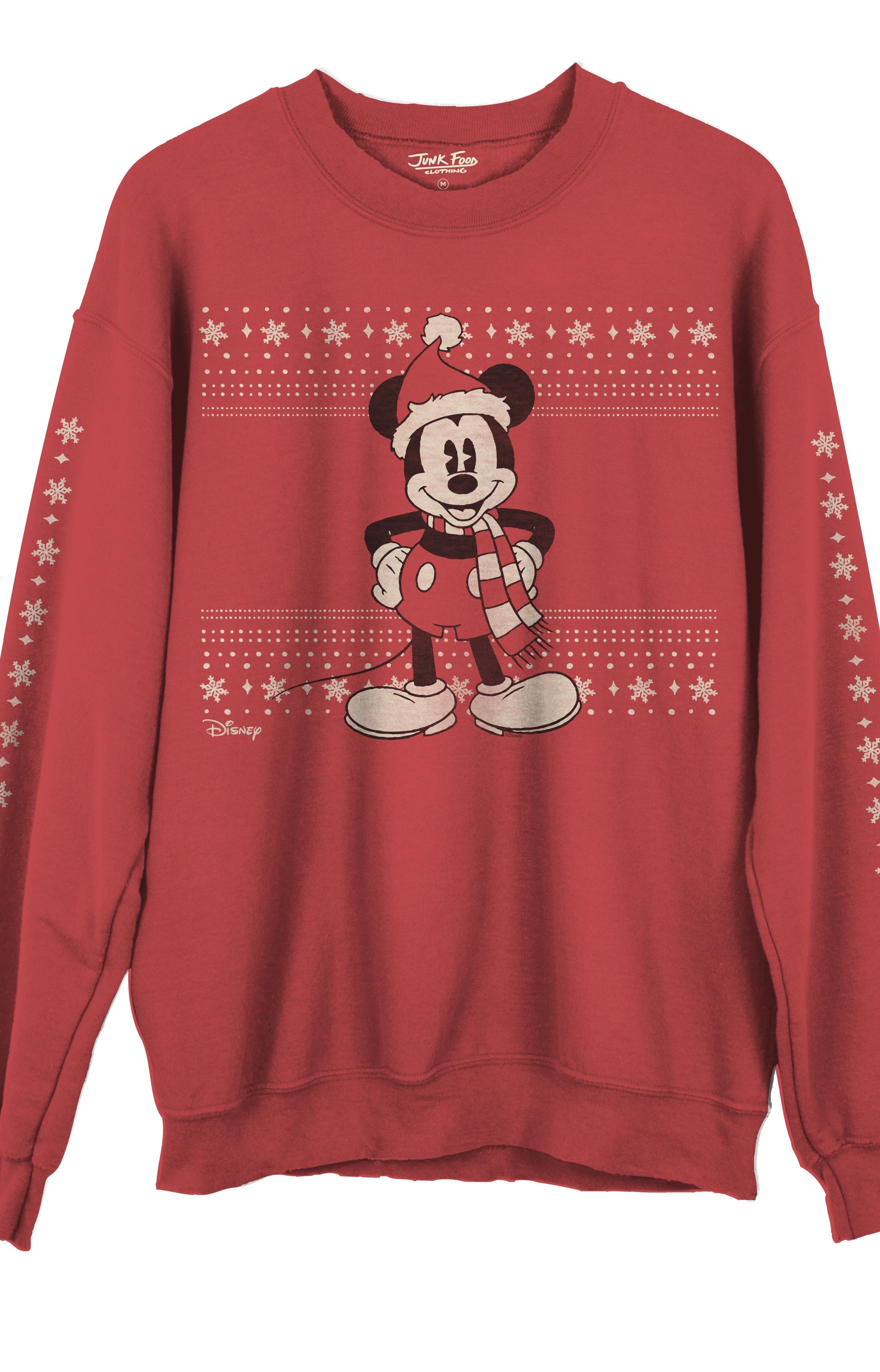 Red sweatshirt with a Christmas-themed design featuring a character on a white background