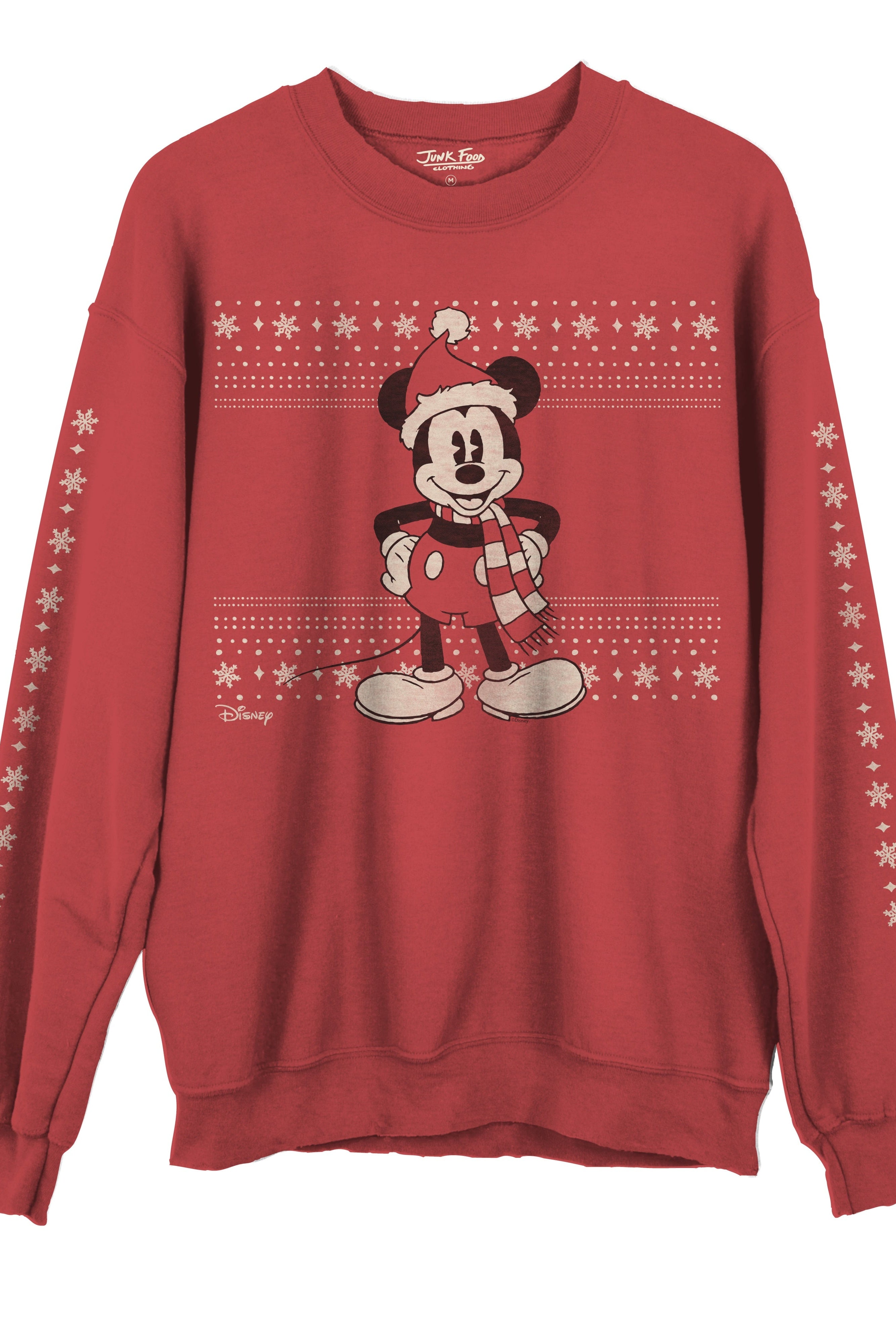 Red sweatshirt with a Christmas-themed design featuring a character on a white background
