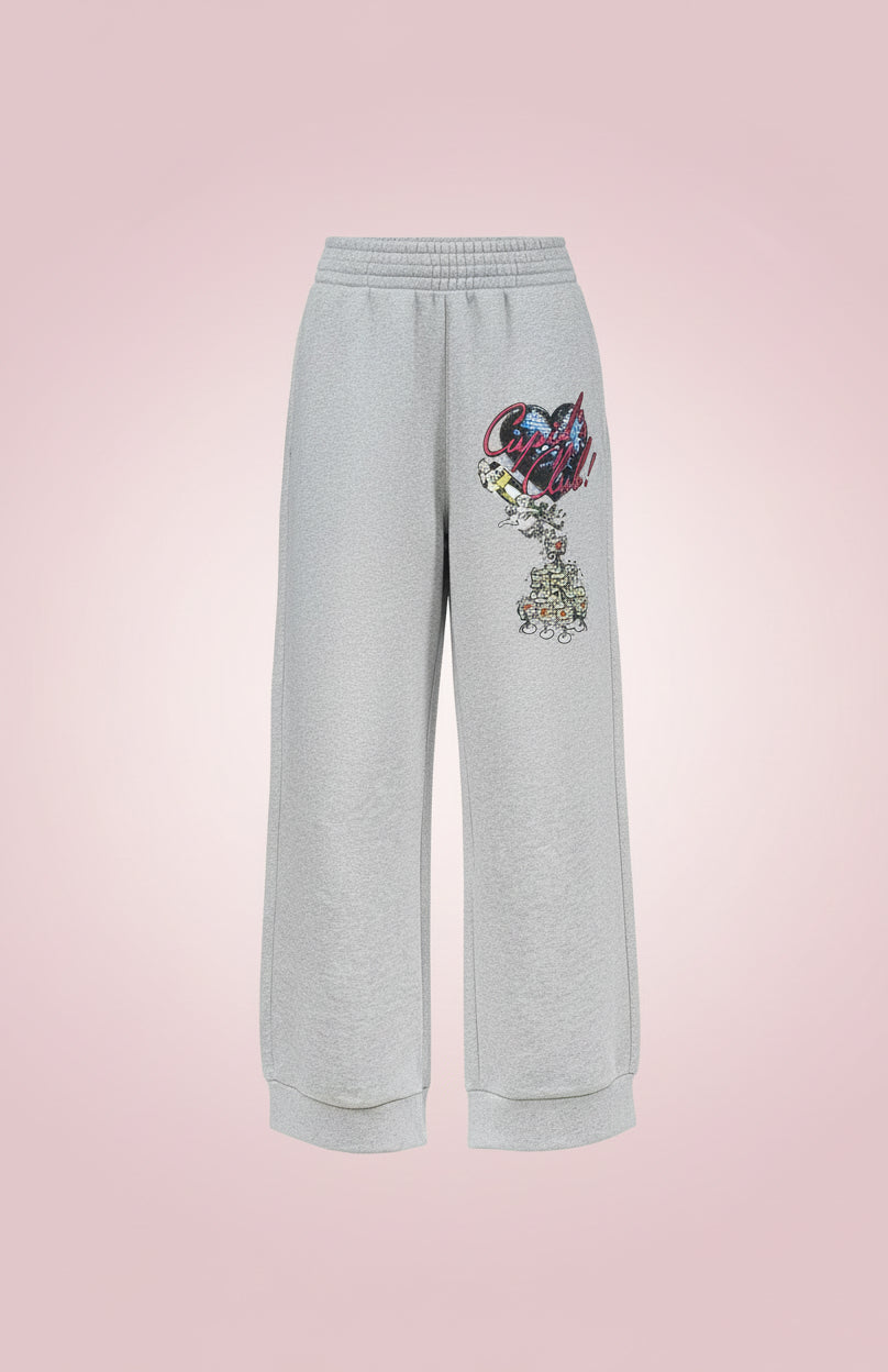 Gray sweatpants with colorful heart and deer design on a white background