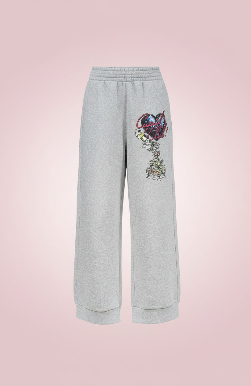 Gray sweatpants with colorful heart and deer design on a white background