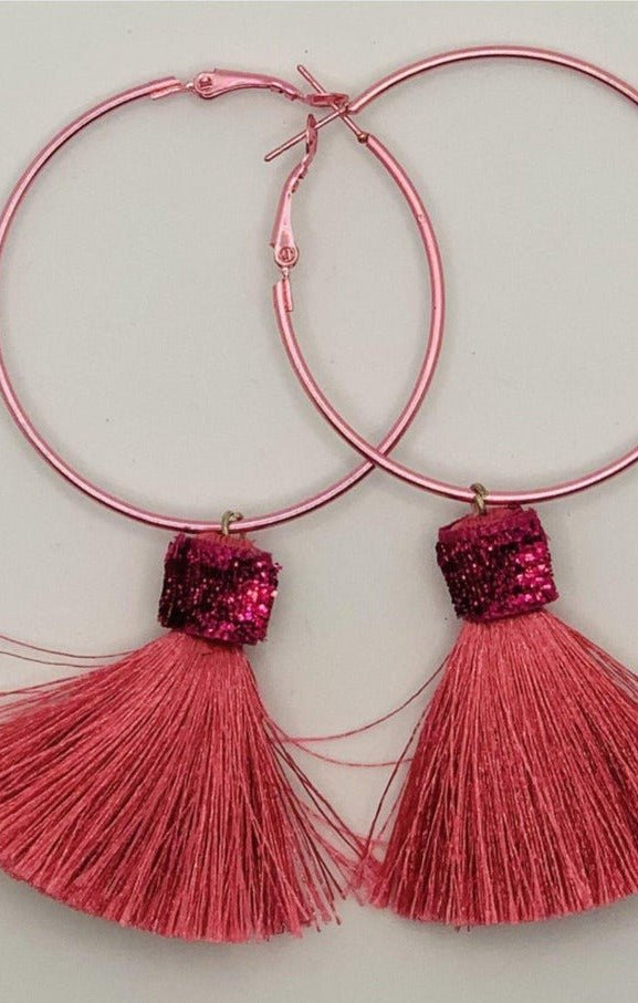 Suzywan DELUXE Fuchsia Tassel Hoop Earrings Earrings by Suzywan DELUXE as seen on celebrities