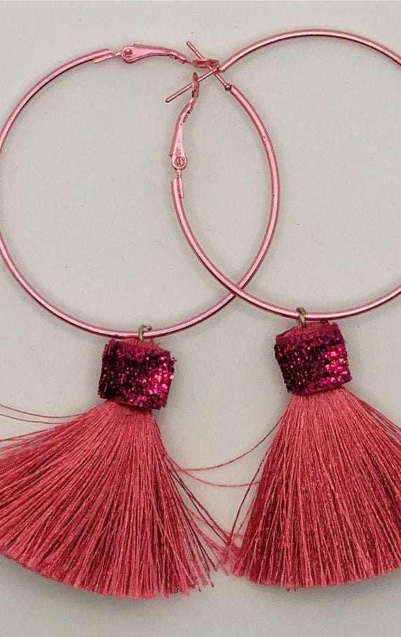 Suzywan DELUXE Fuchsia Tassel Hoop Earrings Earrings by Suzywan DELUXE as seen on celebrities