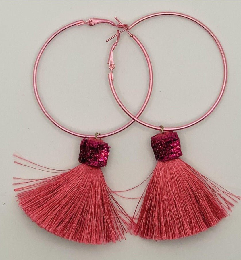 Suzywan DELUXE Fuchsia Tassel Hoop Earrings Earrings by Suzywan DELUXE as seen on celebrities