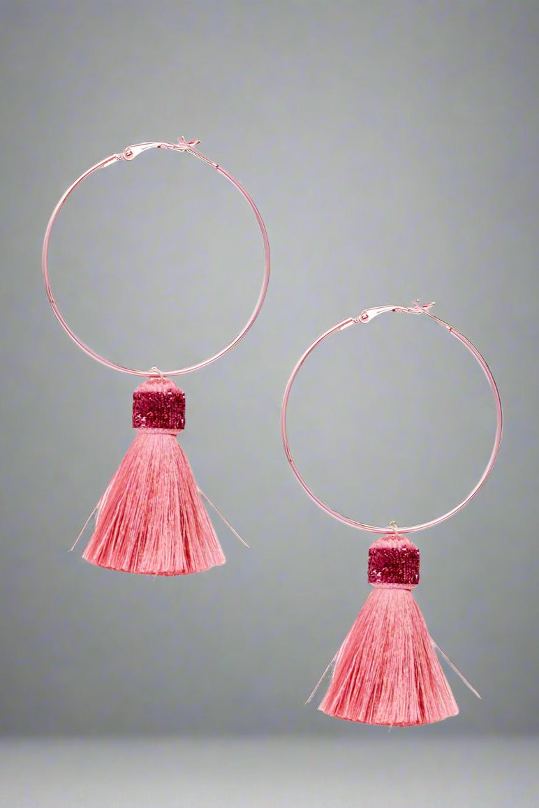 Suzywan DELUXE Fuchsia Tassel Hoop Earrings Earrings by Suzywan DELUXE as seen on celebrities