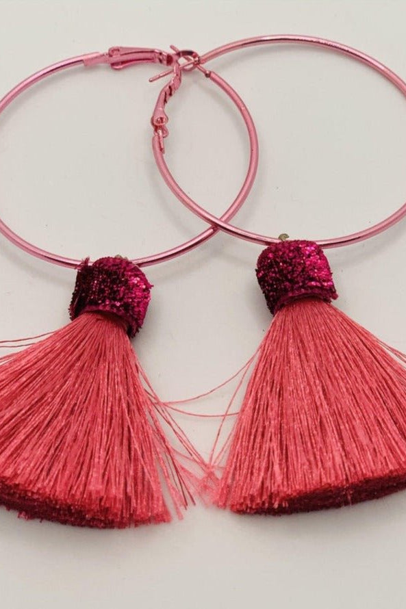 Suzywan DELUXE Fuchsia Tassel Hoop Earrings Earrings by Suzywan DELUXE as seen on celebrities