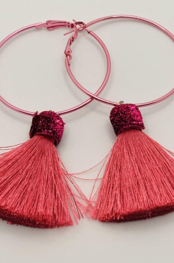 Suzywan DELUXE Fuchsia Tassel Hoop Earrings Earrings by Suzywan DELUXE as seen on celebrities