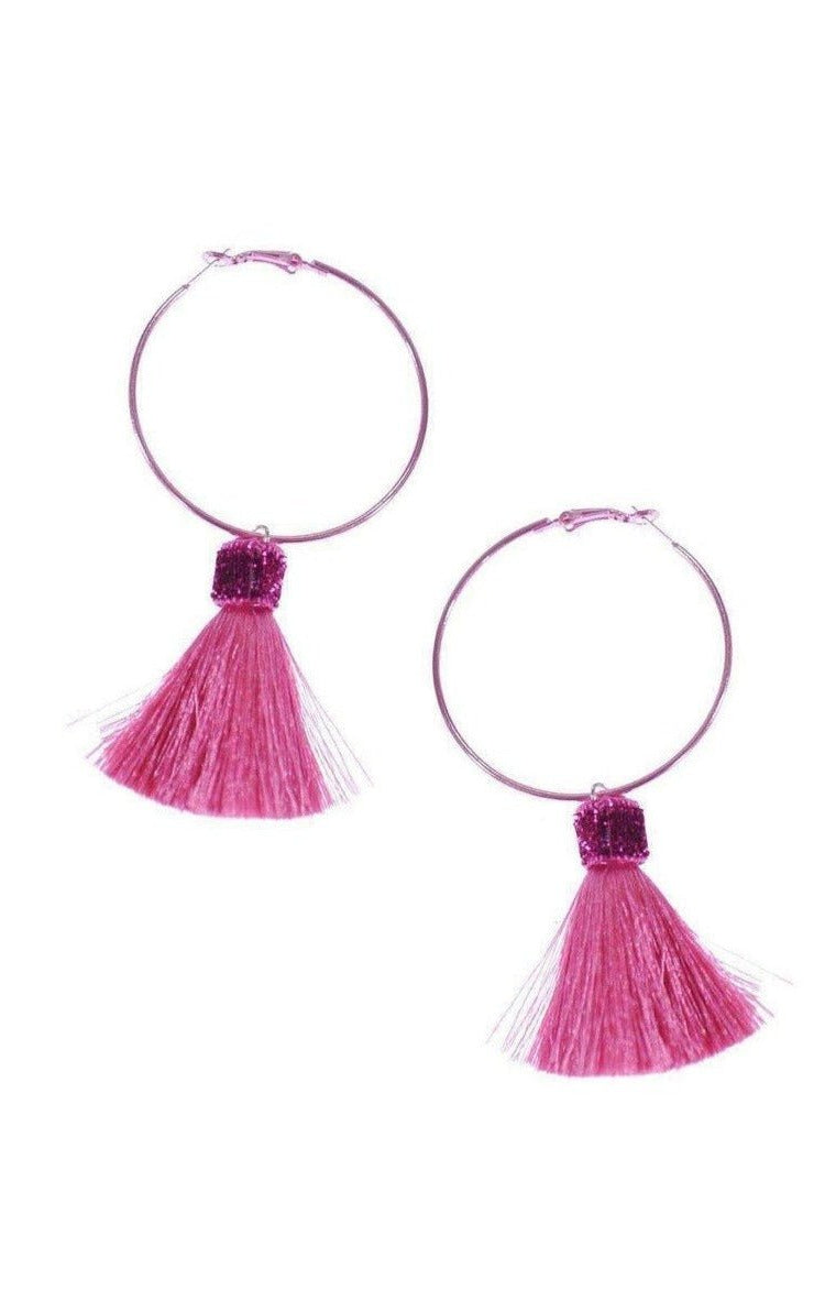 Suzywan DELUXE Fuchsia Tassel Hoop Earrings Earrings by Suzywan DELUXE as seen on celebrities