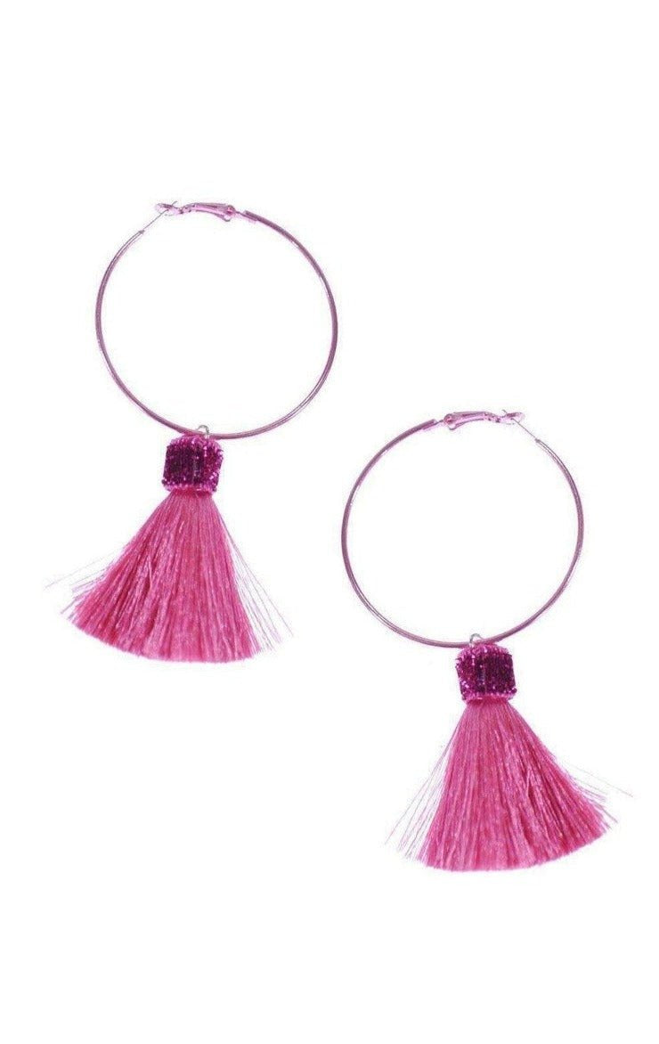 Suzywan DELUXE Fuchsia Tassel Hoop Earrings Earrings by Suzywan DELUXE as seen on celebrities