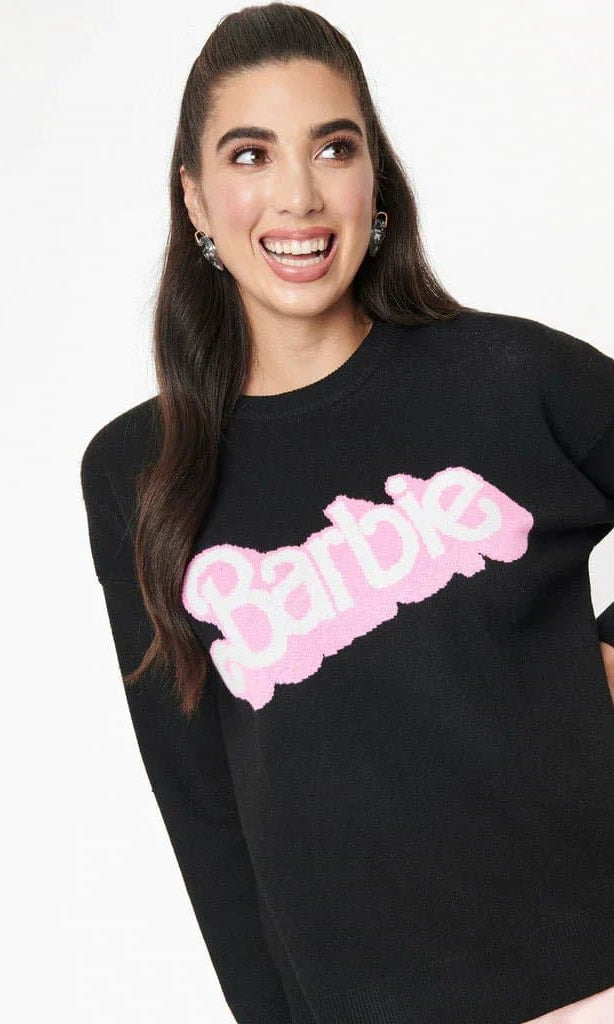 Shop Unique Vintage Barbie x Unique Vintage Black Barbie Logo Sweater Sweatshirt for women – premium loungewear and festival fashion at Spoiled Brat