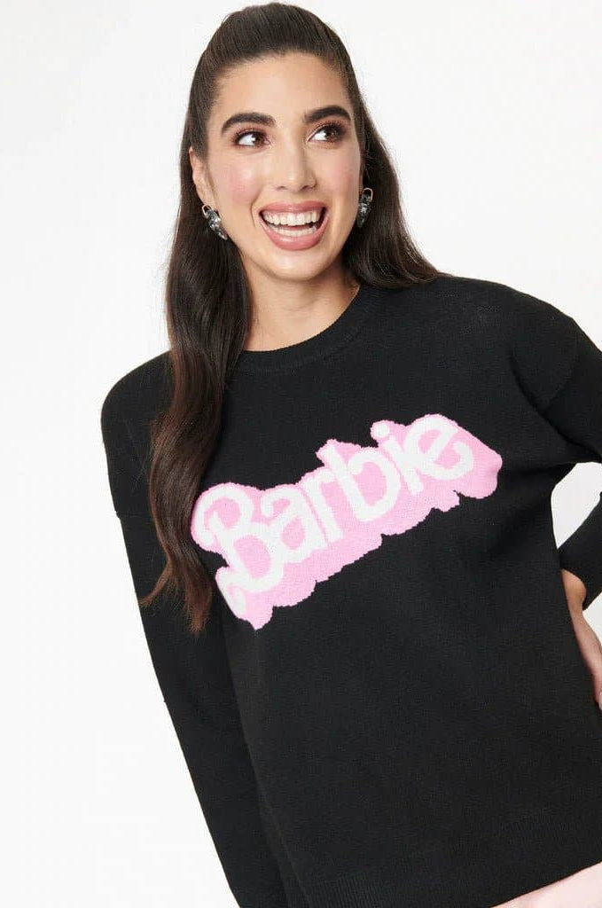 Shop Unique Vintage Barbie x Unique Vintage Black Barbie Logo Sweater Sweatshirt for women – premium loungewear and festival fashion at Spoiled Brat