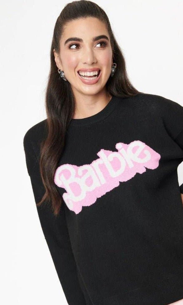 Shop Unique Vintage Barbie x Unique Vintage Black Barbie Logo Sweater Sweatshirt for women – premium loungewear and festival fashion at Spoiled Brat