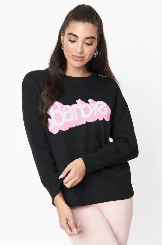 Shop Unique Vintage Barbie x Unique Vintage Black Barbie Logo Sweater Sweatshirt for women – premium loungewear and festival fashion at Spoiled Brat