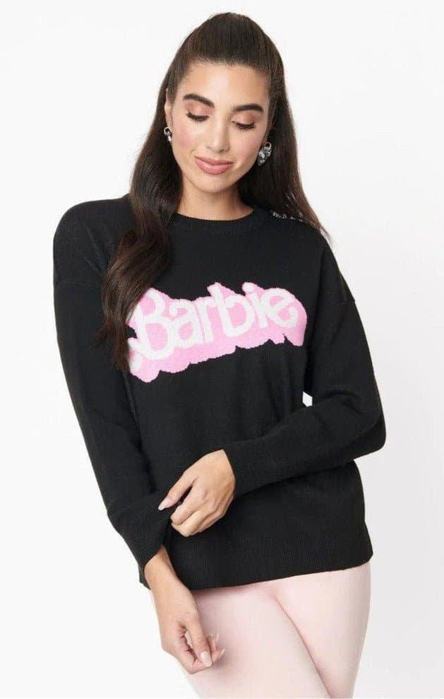 Shop Unique Vintage Barbie x Unique Vintage Black Barbie Logo Sweater Sweatshirt for women – premium loungewear and festival fashion at Spoiled Brat