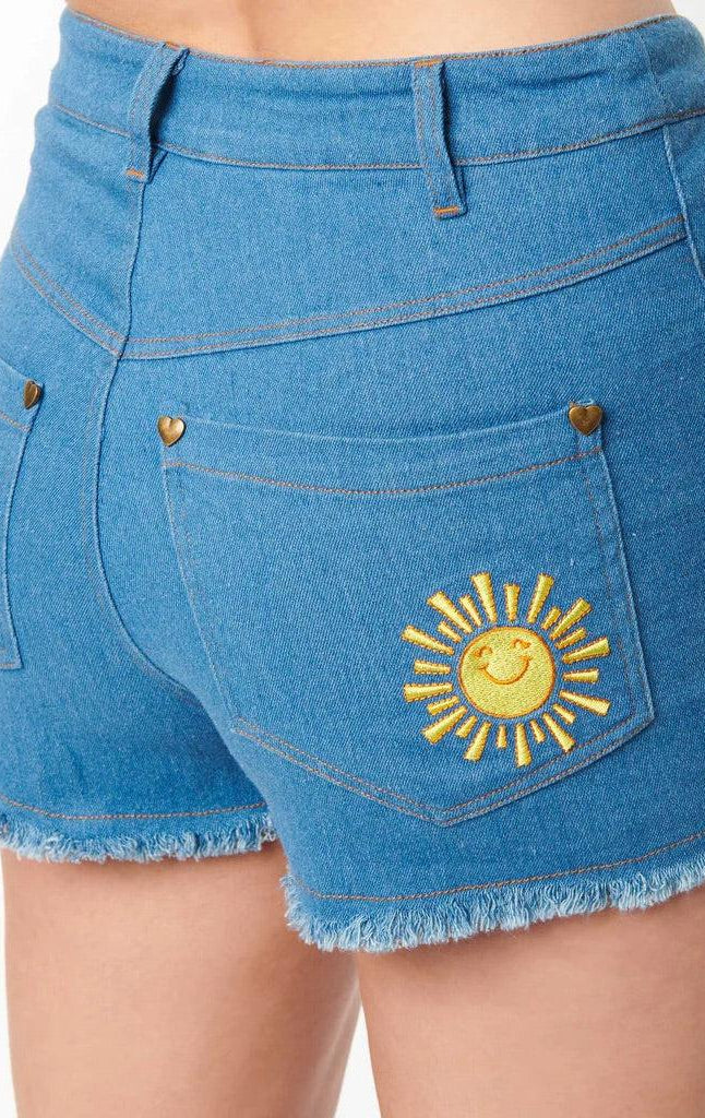 Shop Unique Vintage Care Bears x Unique Vintage Funshine Denim Shorts Shorts for women – premium loungewear and festival fashion at Spoiled Brat
