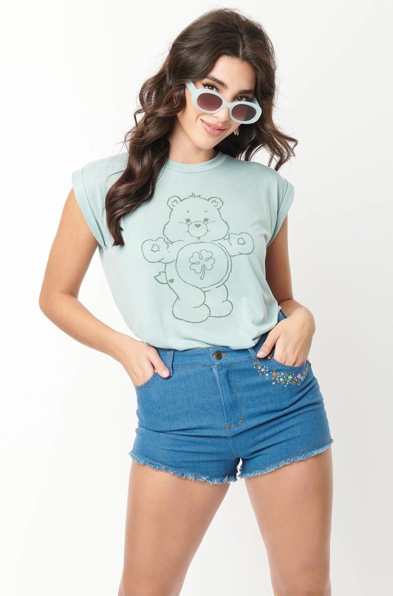 Shop Unique Vintage Care Bears x Unique Vintage Funshine Denim Shorts Shorts for women – premium loungewear and festival fashion at Spoiled Brat